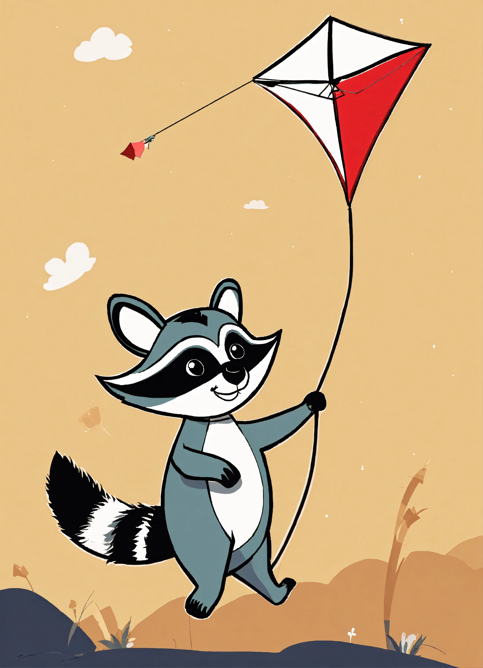 Lexica - A simple abstract cute raccoon flying a kite with a white ...
