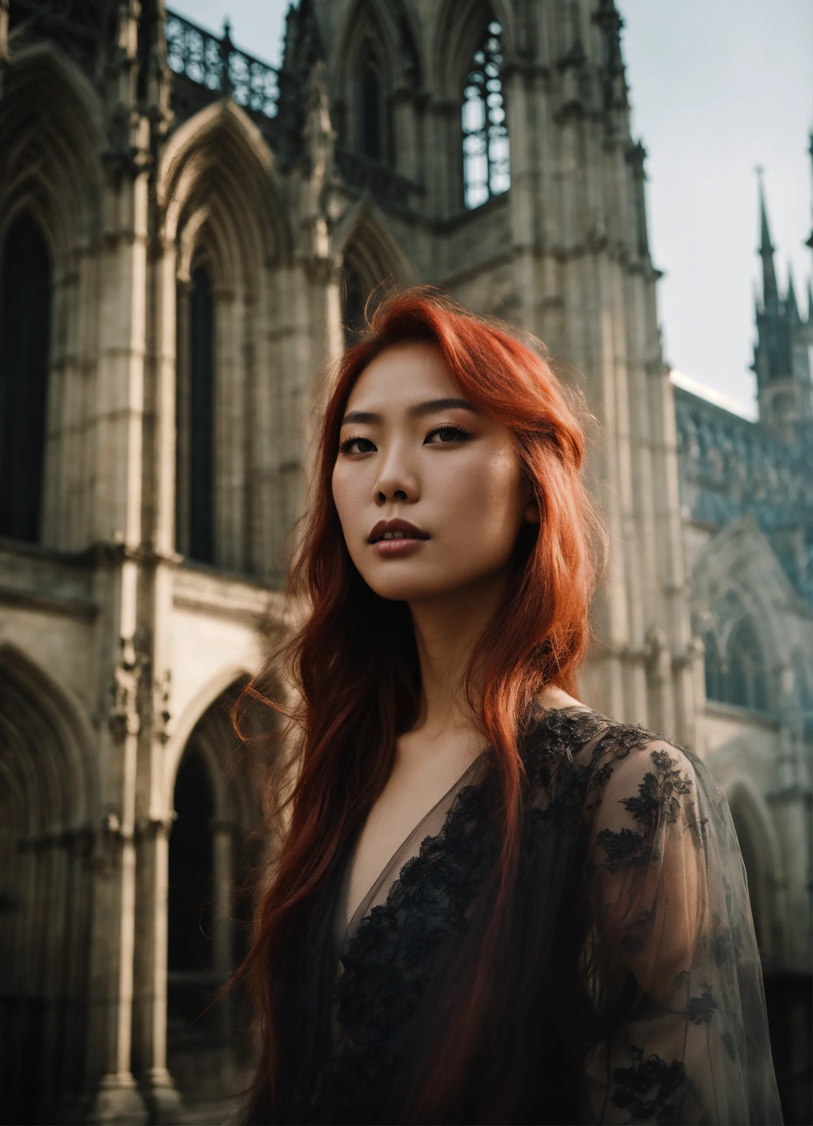 Lexica - Portrait of beautiful asian fashion model with pale red hair ...