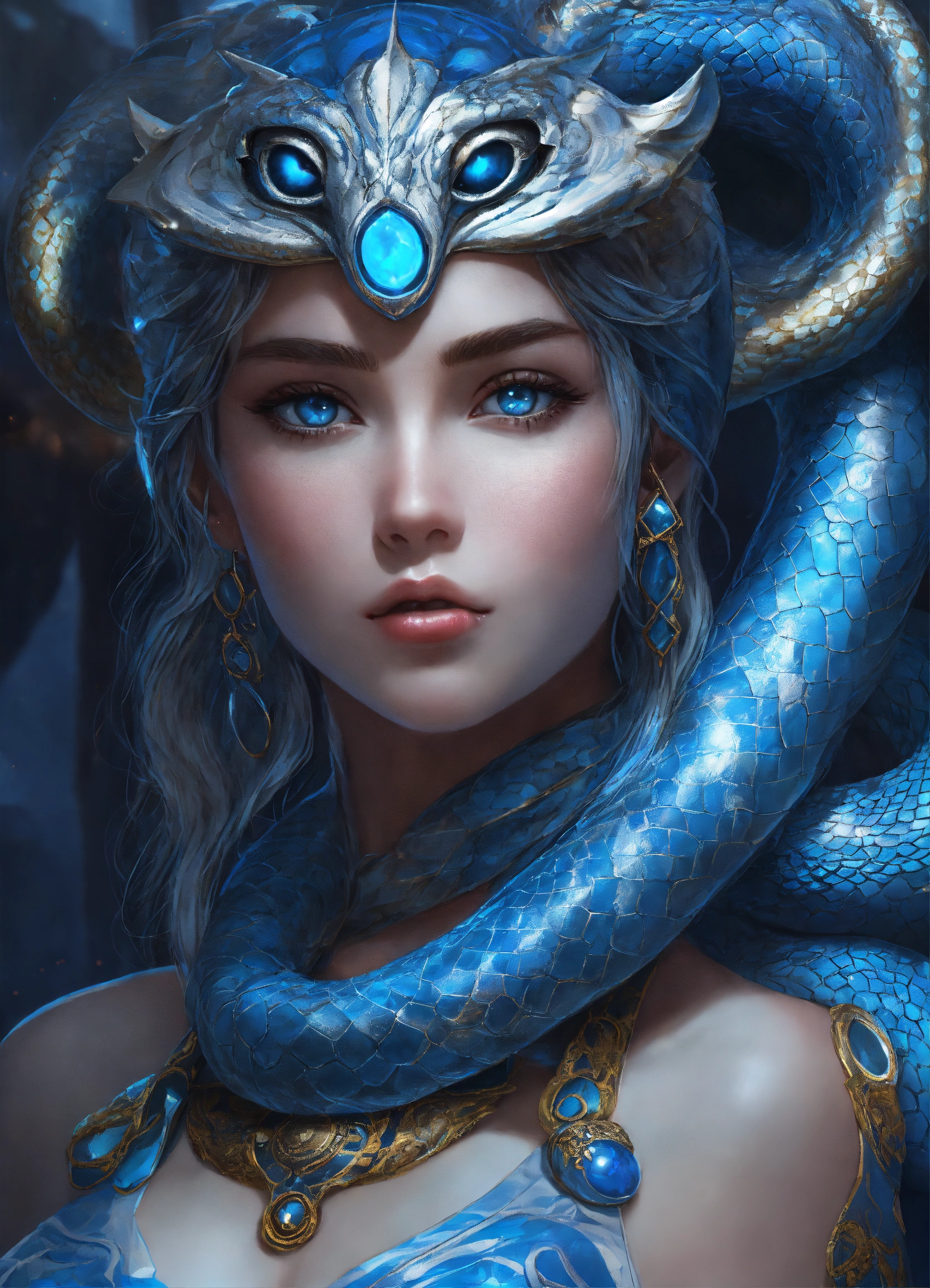 Lexica - A giant serpent in blue and silver, dazzling eyes and a third ...