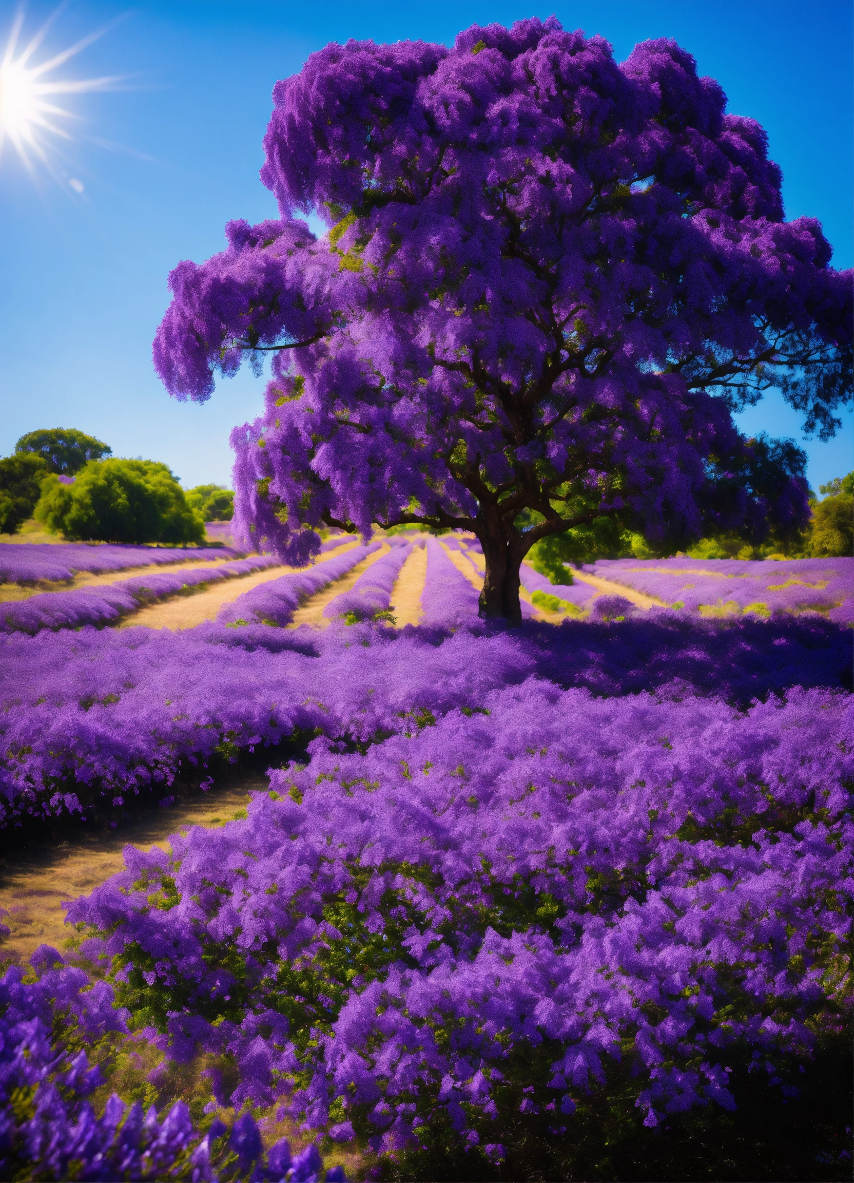 Lexica - Jacaranda, close up, large field of depth, blue sky, trees and ...