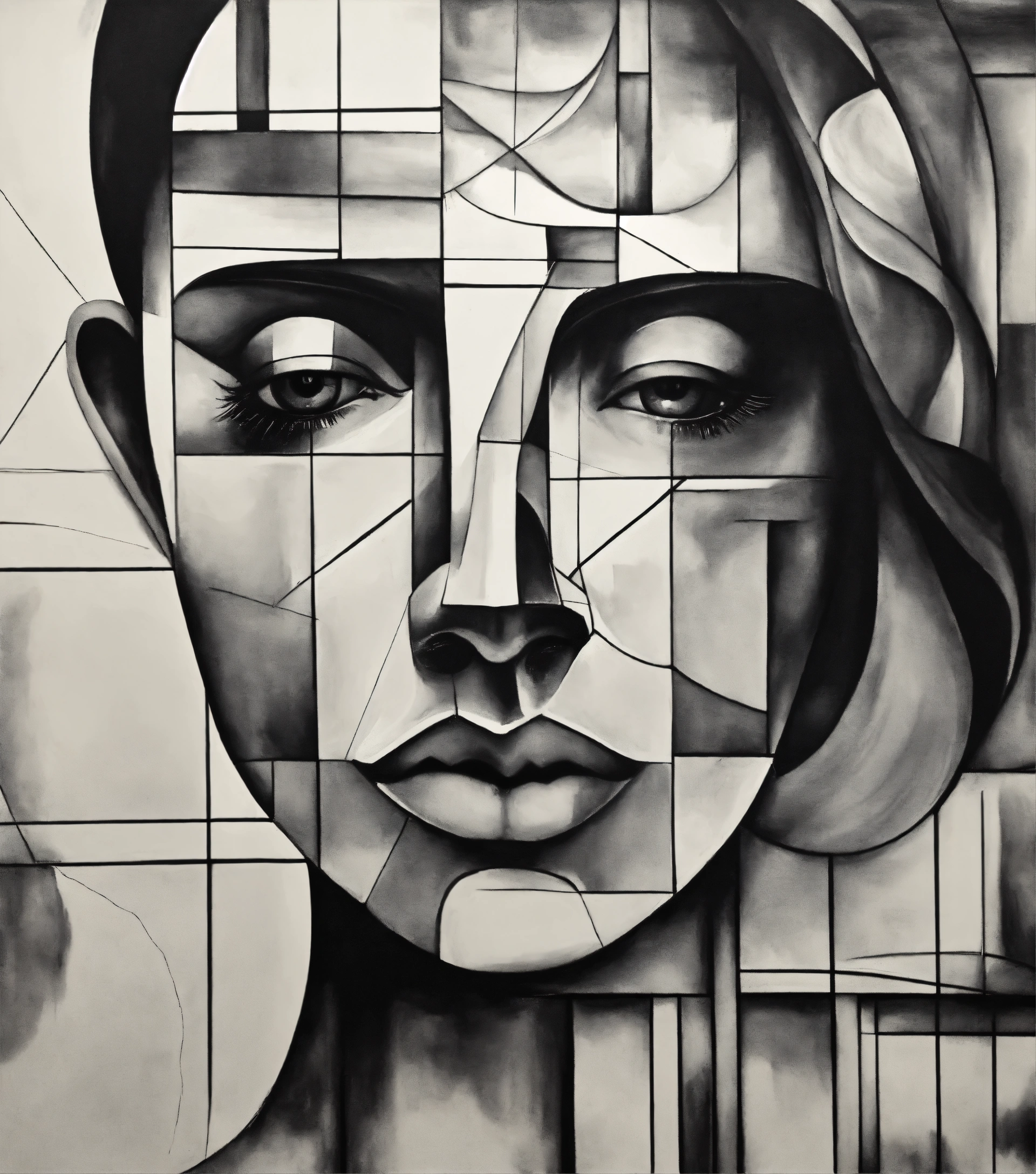 Lexica Painting in black and white of a half face, cubism, morphie