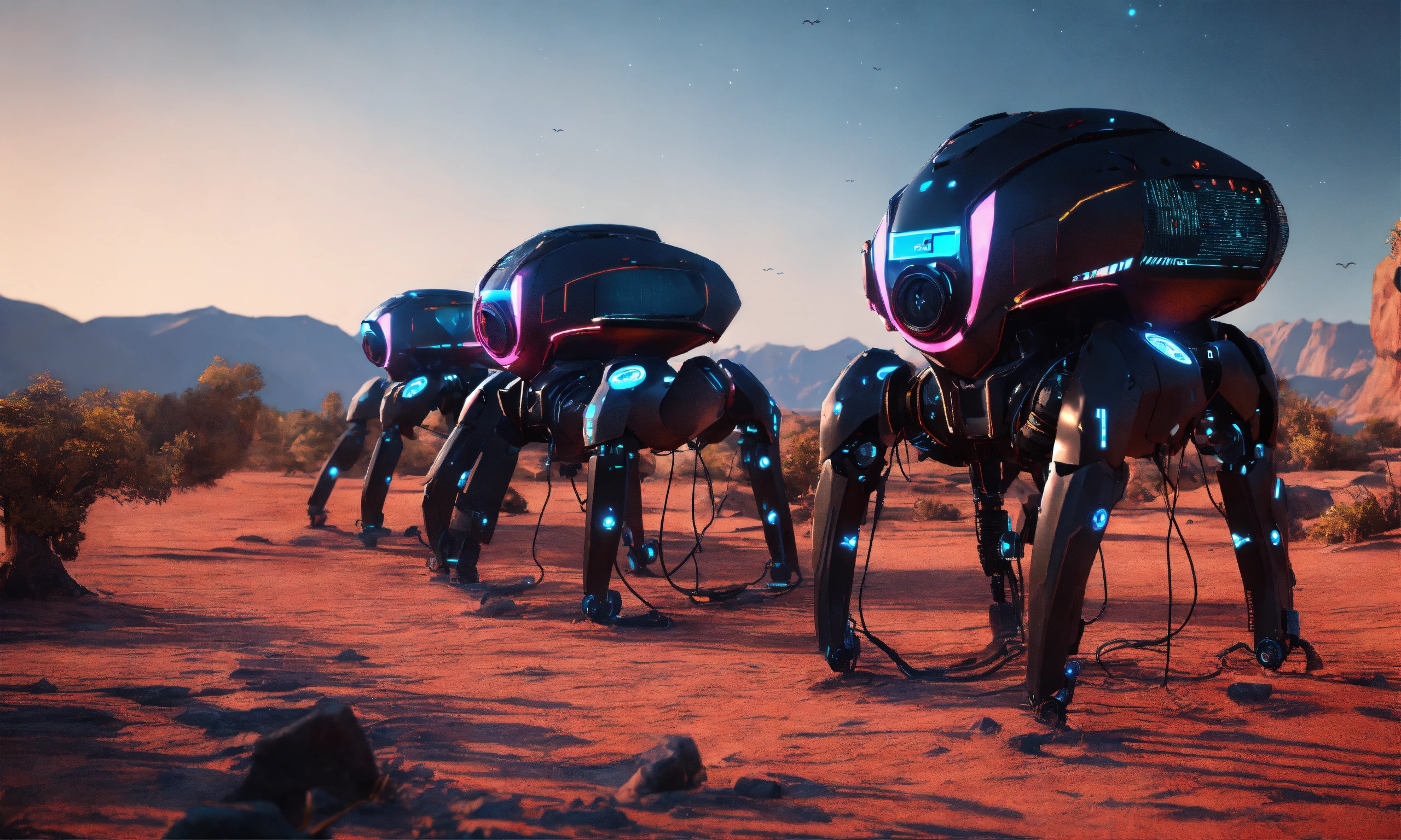 Lexica 5 Flying Black Patrol Bots With Robotic Tentacles Barren Landscape Unreal Engine 