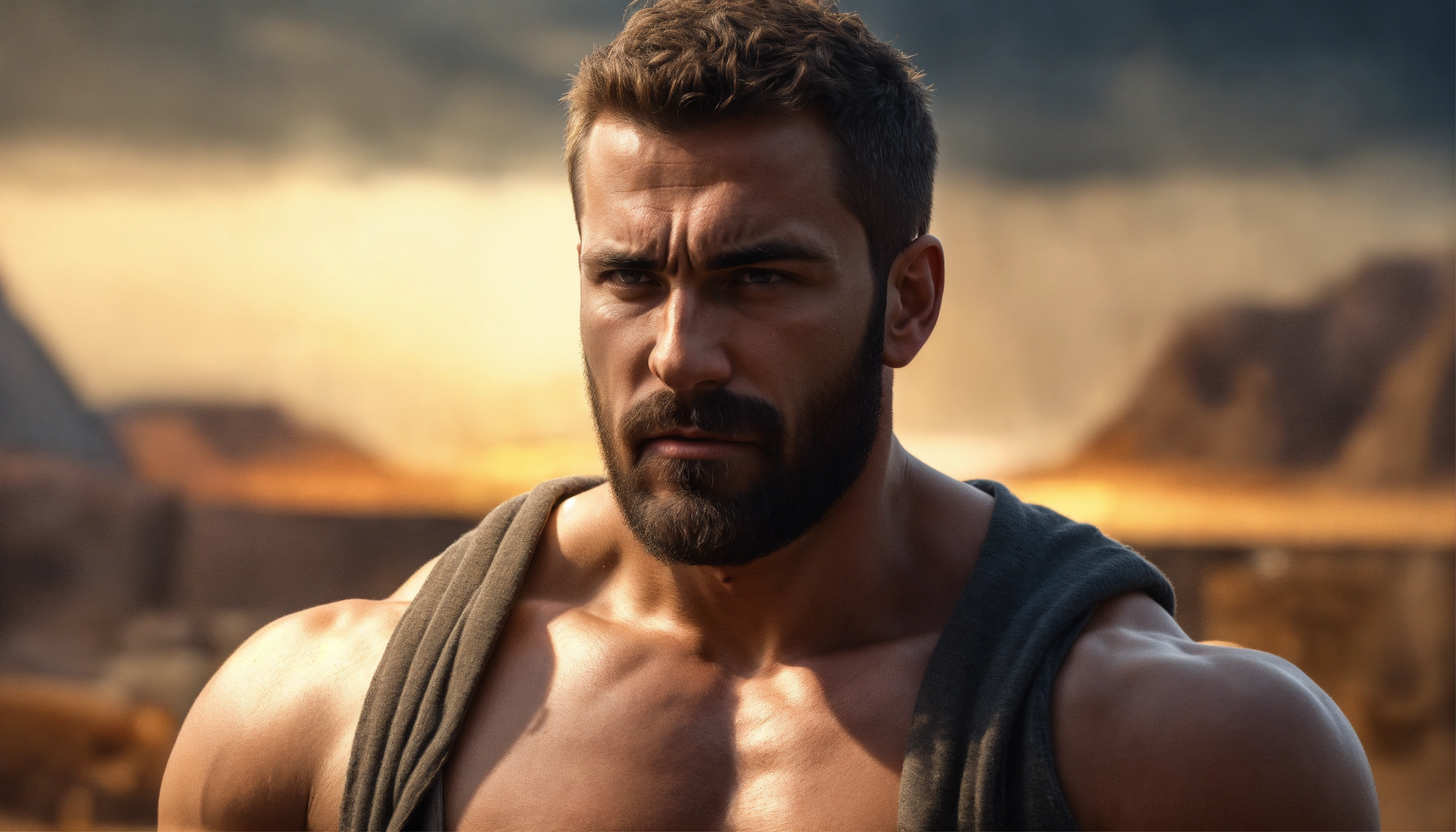 Lexica - Stoic man, muscle, very strong, half body, hushing with his ...