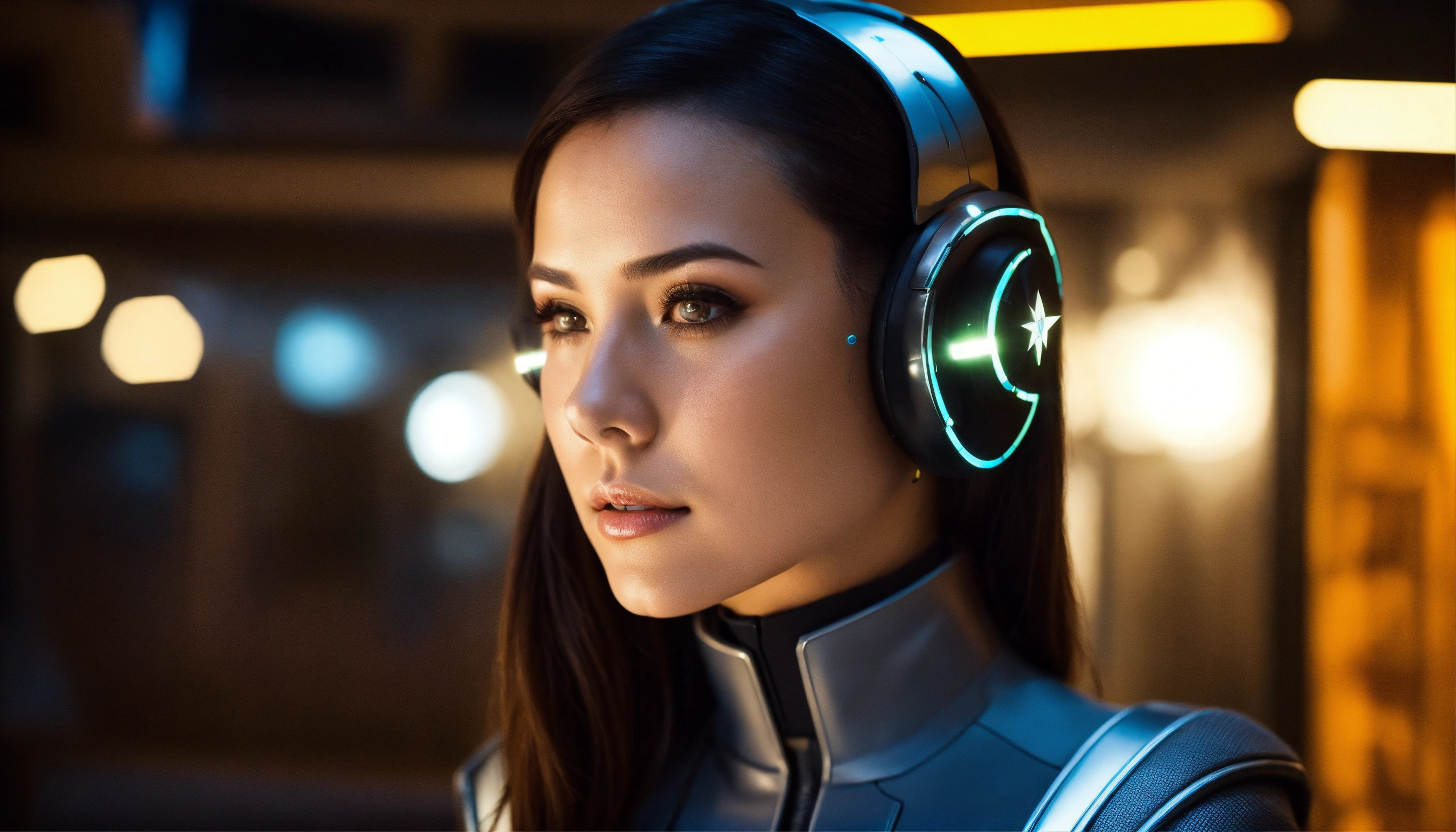 Lexica - Ultra real beautiful brunette girl wearing hi tech ear antenna ...