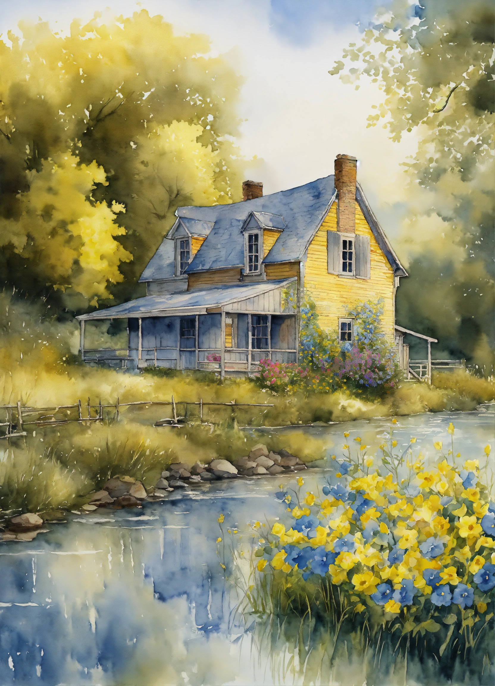 Lexica - Watercolor painting of an Old Farmhouse on a river, blue and ...