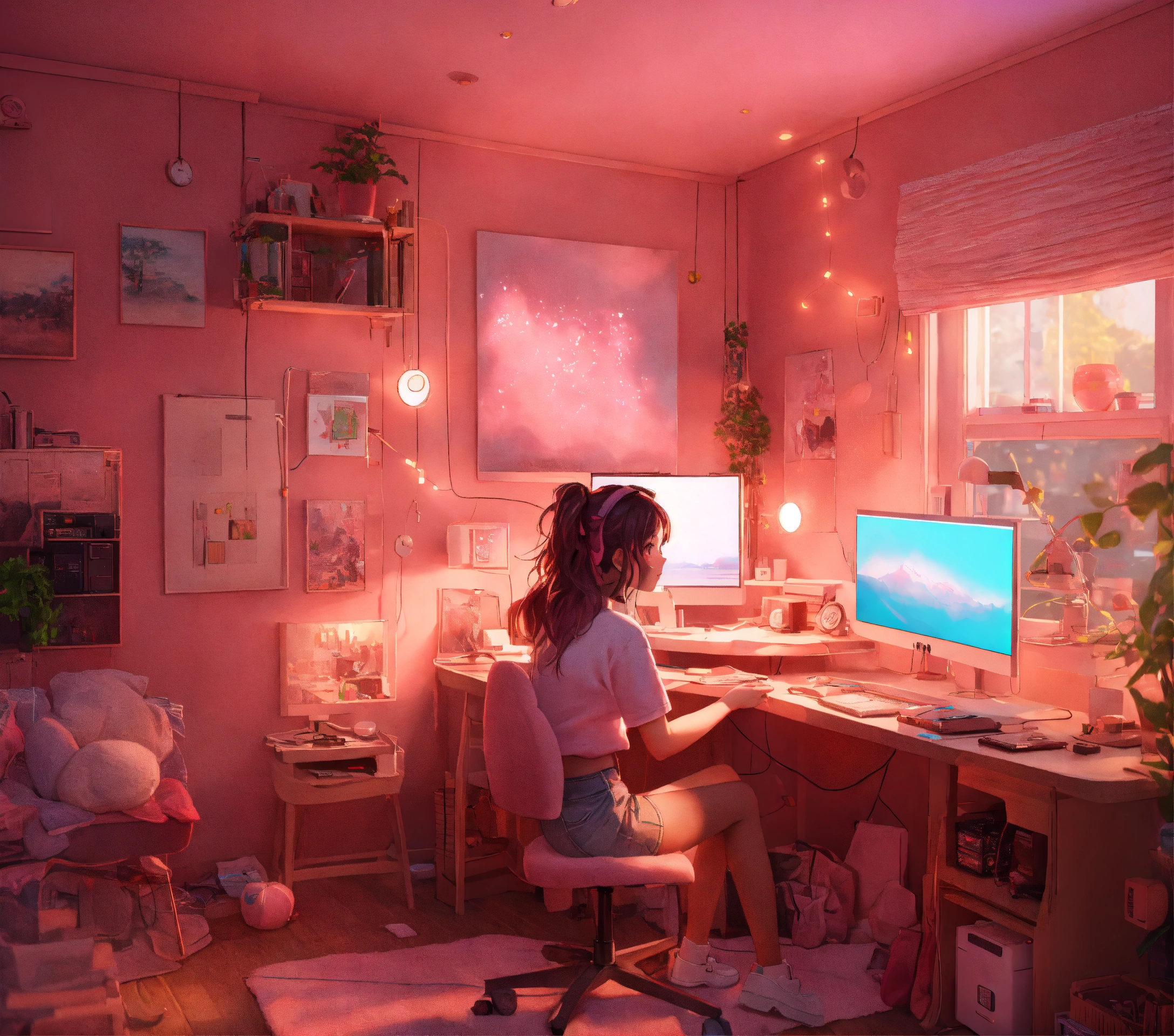 Lexica - Cute lofi girl in front of his computer in her cozy and messy ...