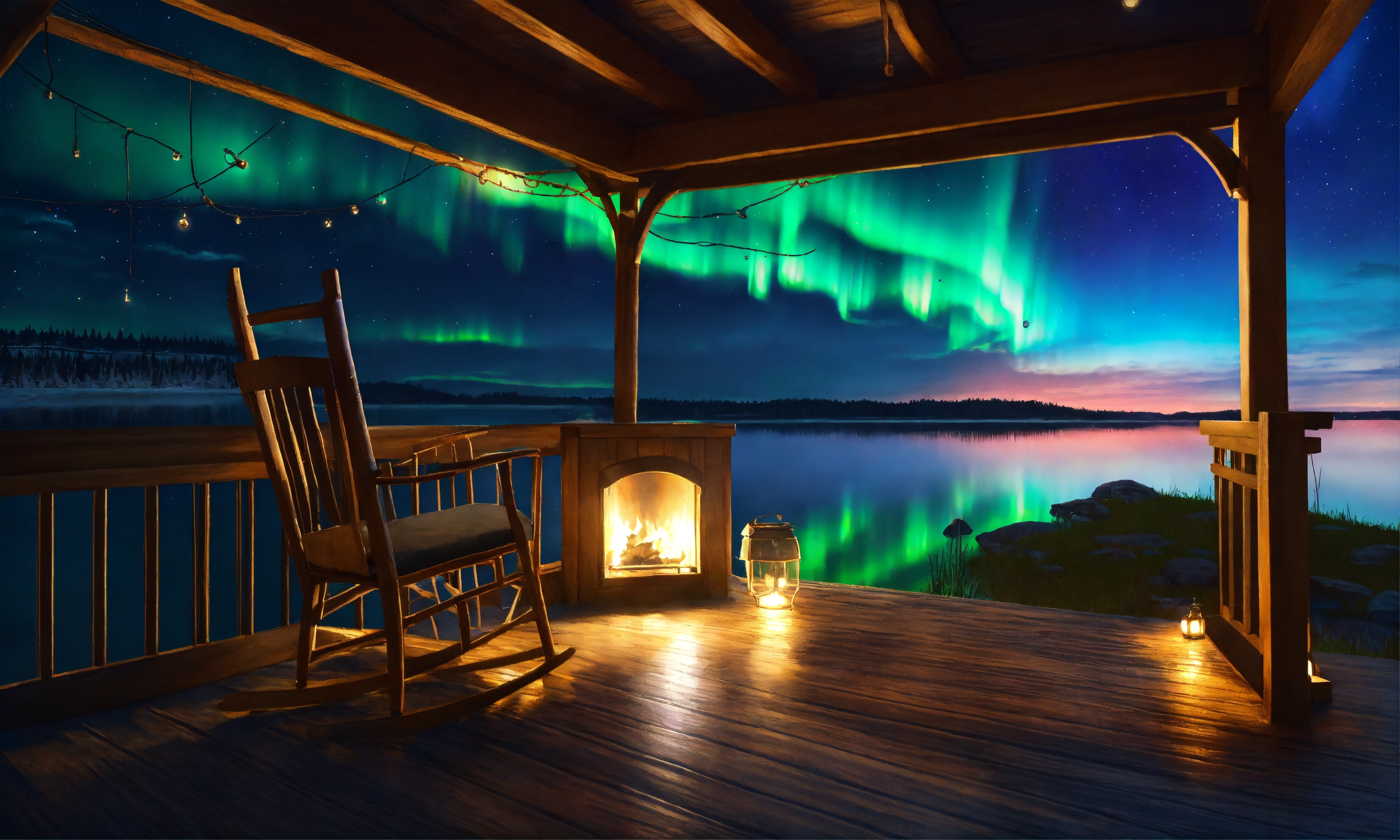 Lexica - Epic shot of ultra detailed and cozy porch in Sweden at a lake ...