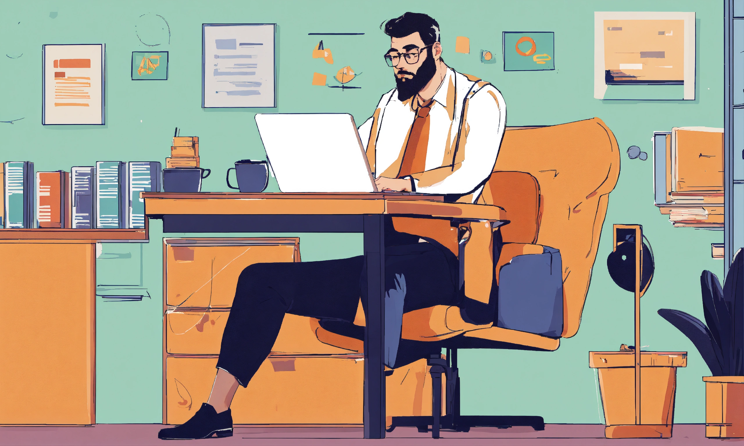 lexica-man-thinking-sitting-in-office-and-typing-on-laptop-illustration