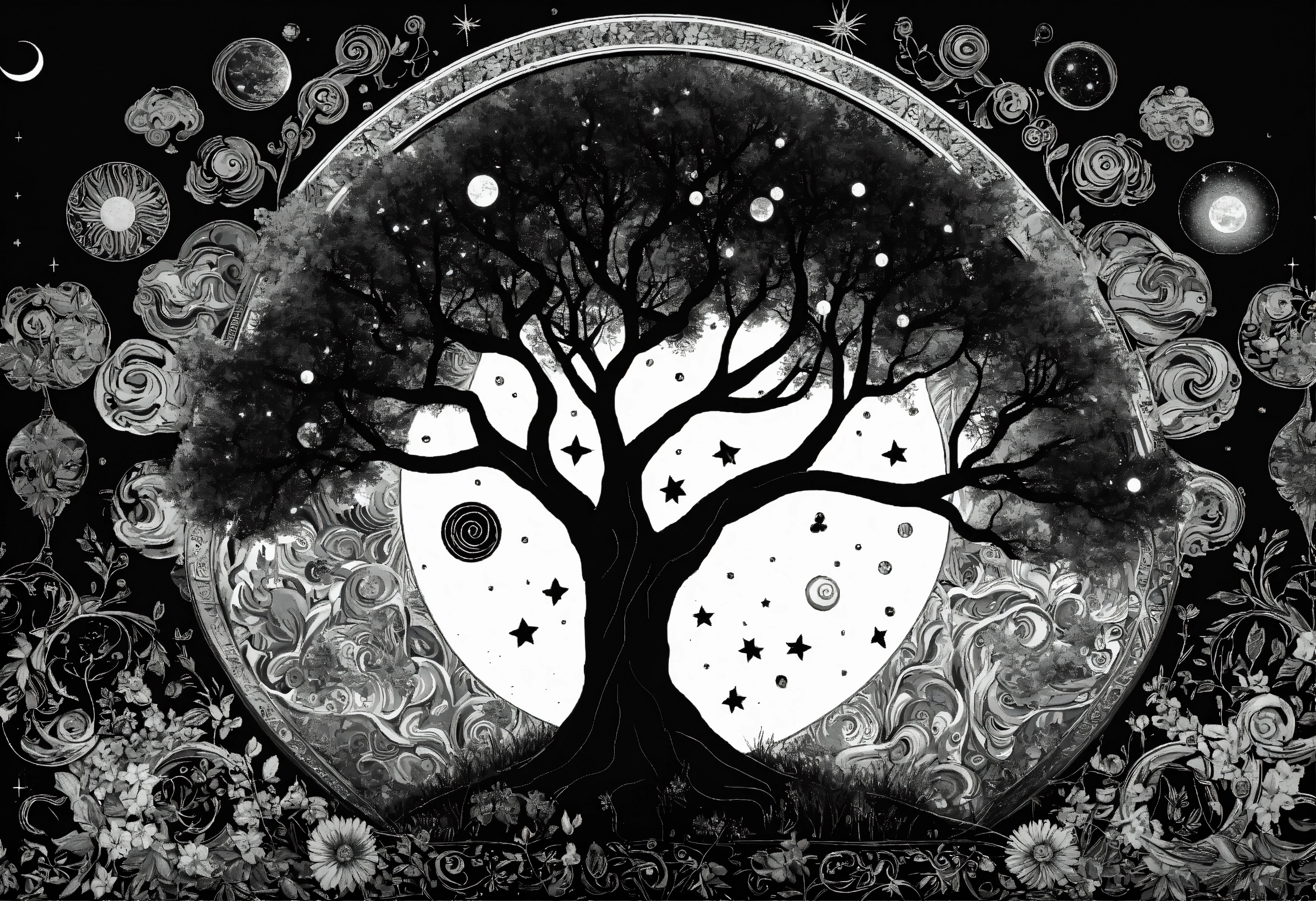 Lexica - Tree of life black and white no leaf with moon sun and stars