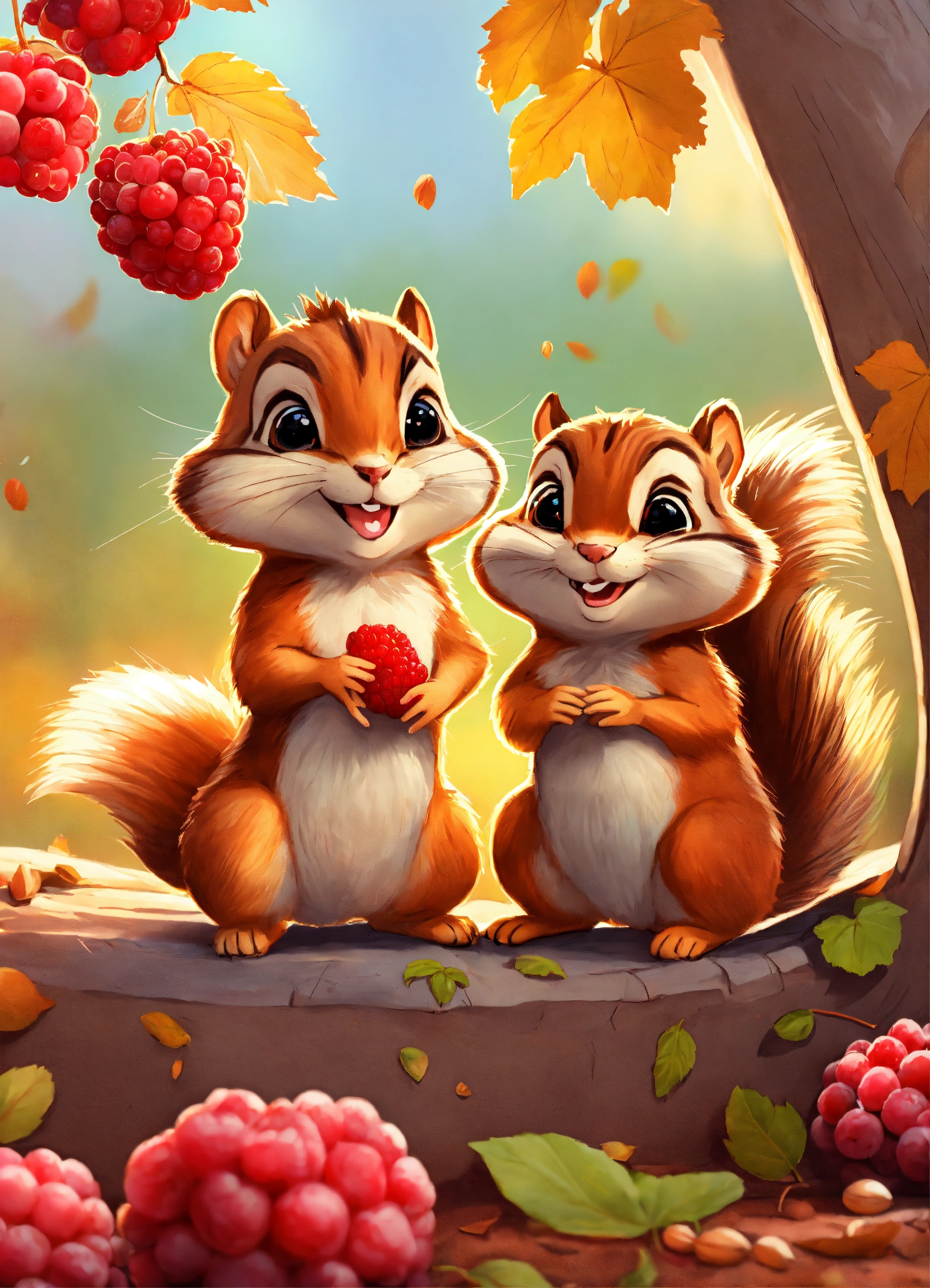 Lexica - Cheerful cartoon two chipmunks are sitting under a bush with ...