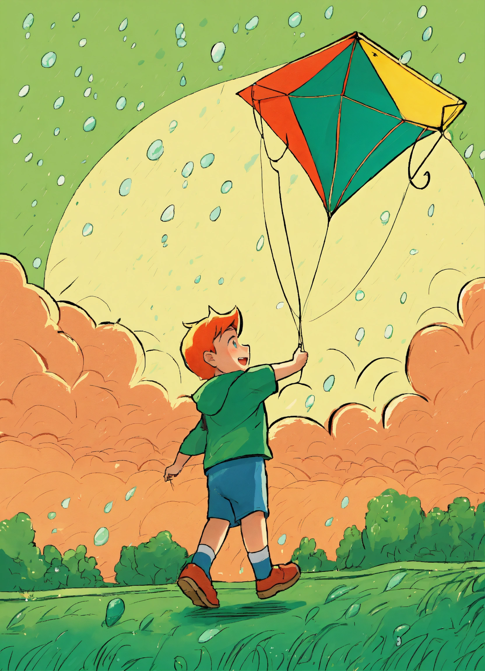 Lexica - Boy flying a kite in the rain cartoon green