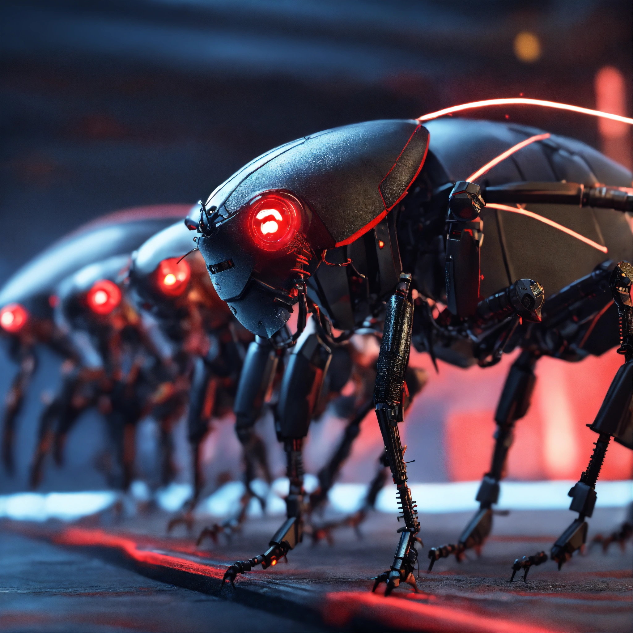 Lexica - Zoom out shot of group of 3 black cockroach faced robotic ...
