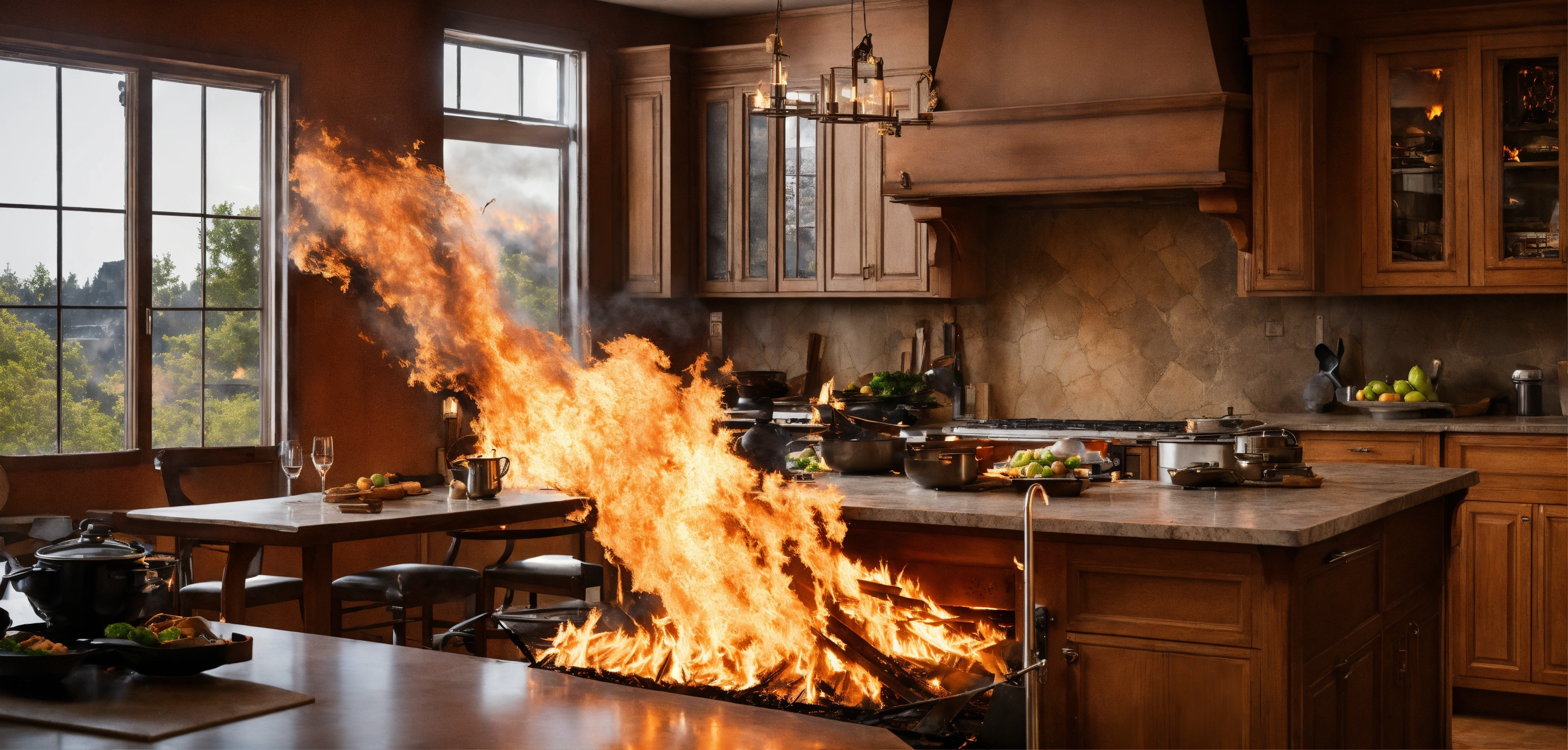 Lexica - Fire in the kitchen, residential fire, high quality photo ...