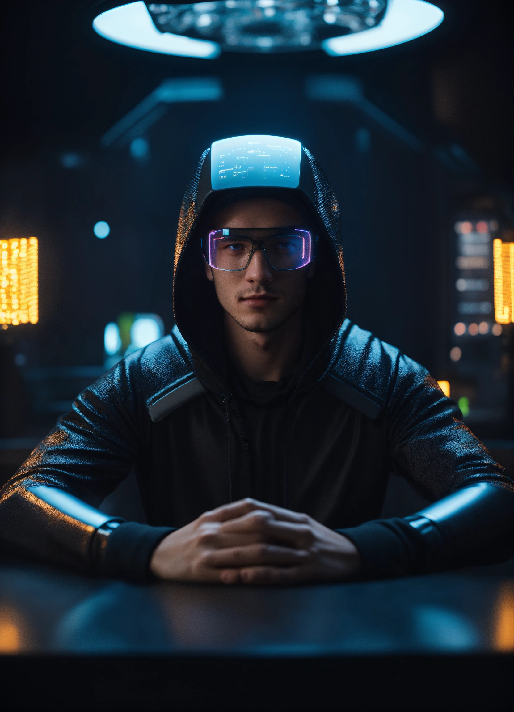 Lexica - Nerdy 25 year old male hacker wearing futuristic black ...
