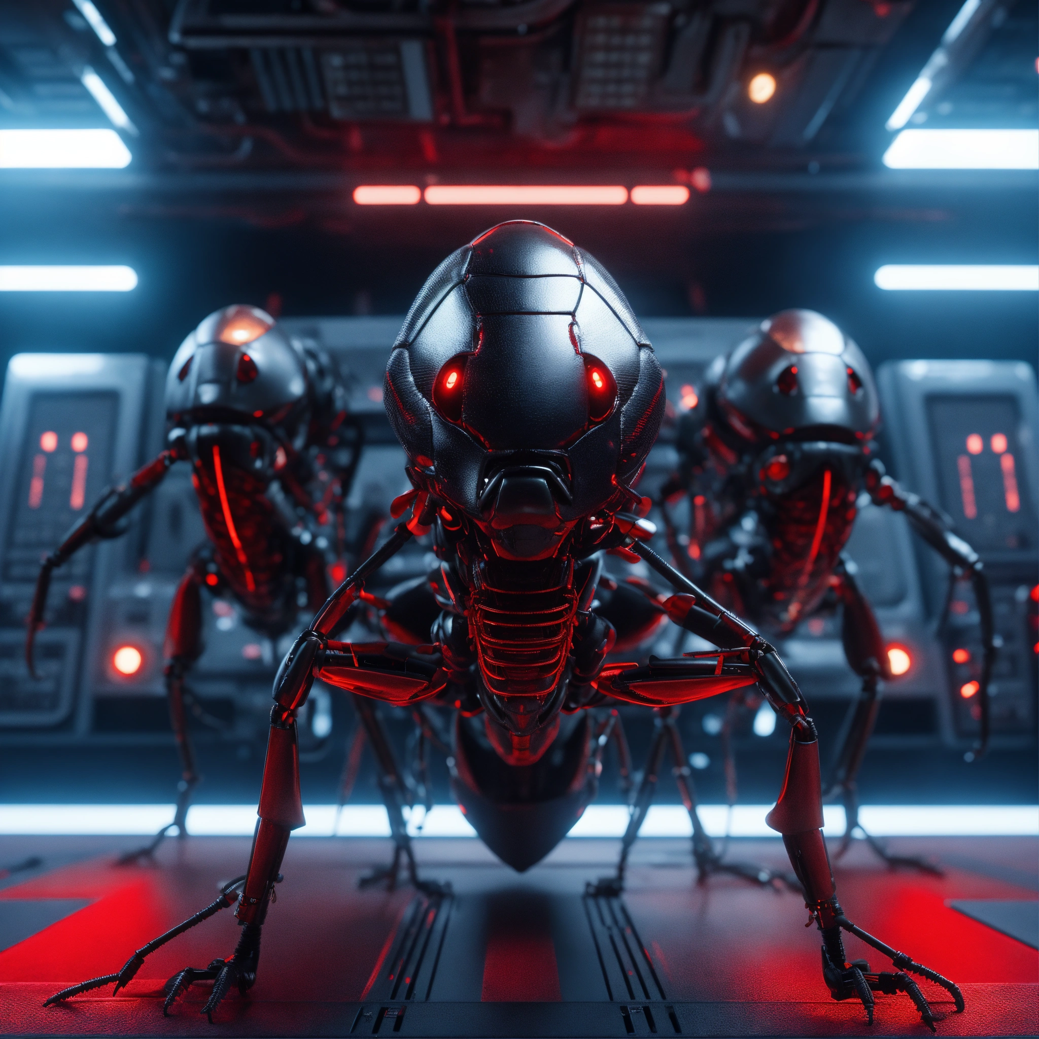 Lexica - 3 black cockroach faced humanoids with red eyes and detailed ...