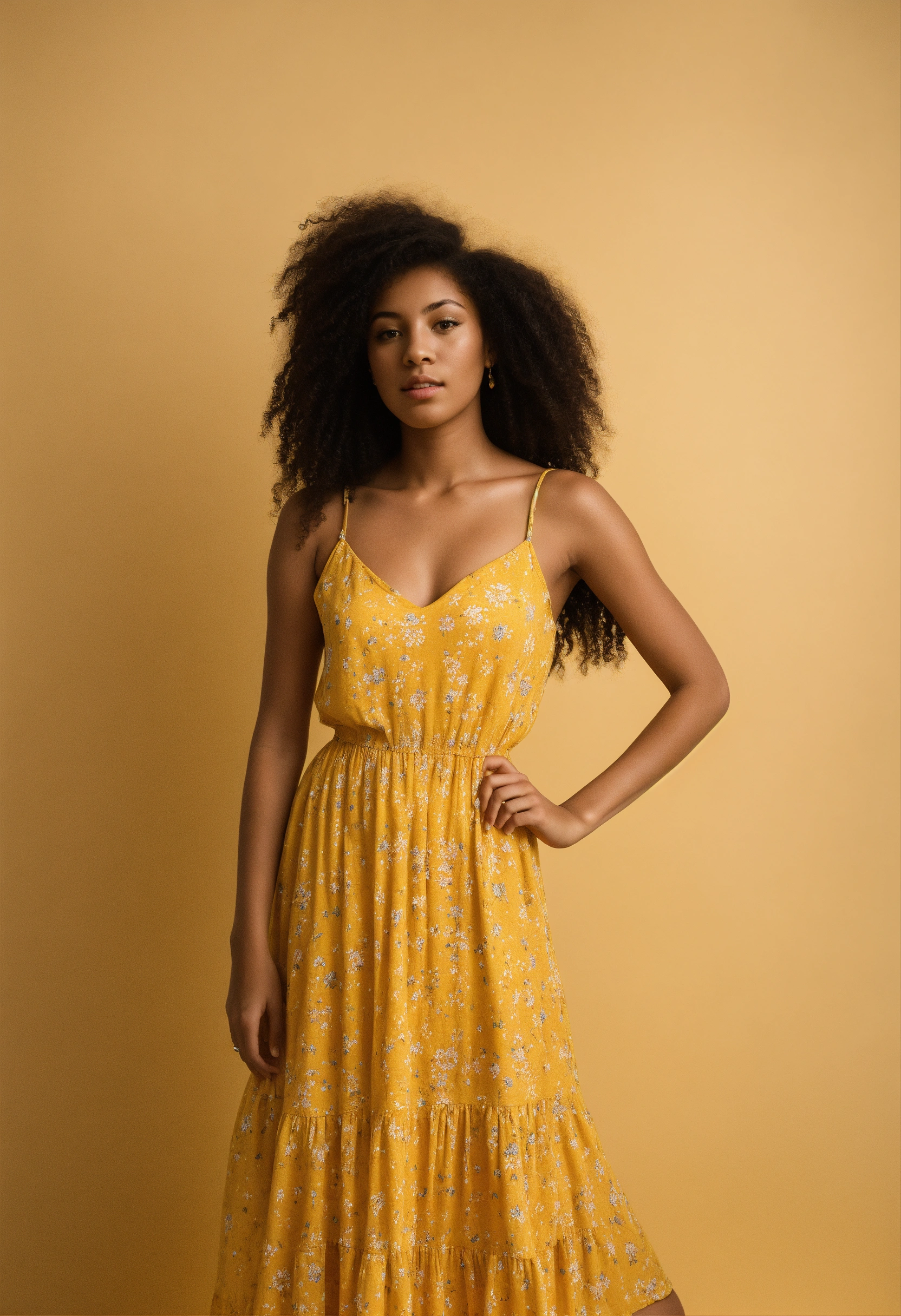 Lexica - Young woman in a yellow sundress standing against a light ...