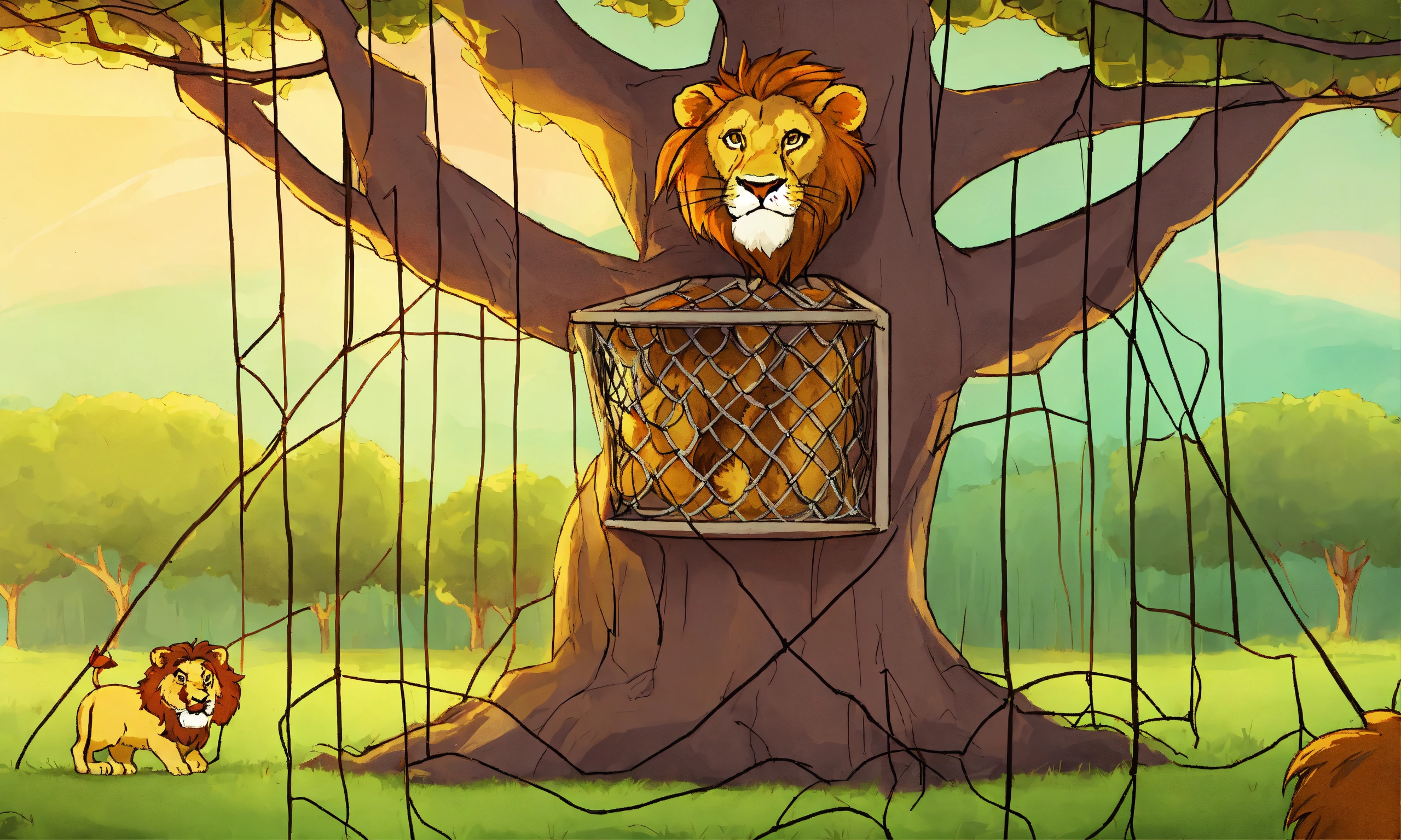 Lexica - Cartoon a net hung to tree upside down and big lion trapped in ...