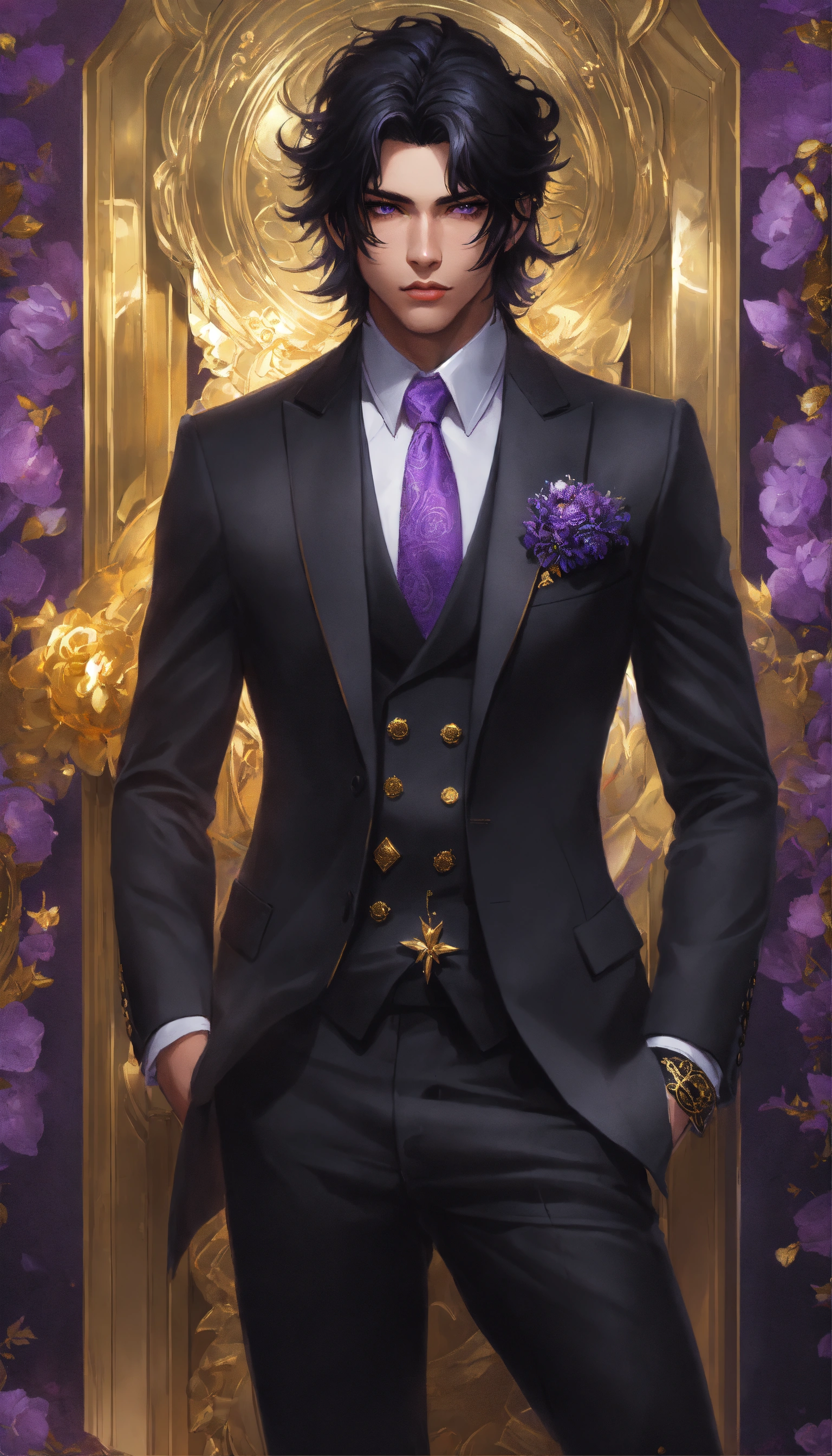 Lexica - Fullbody Portrait of a man in a black suit, gold adornments ...