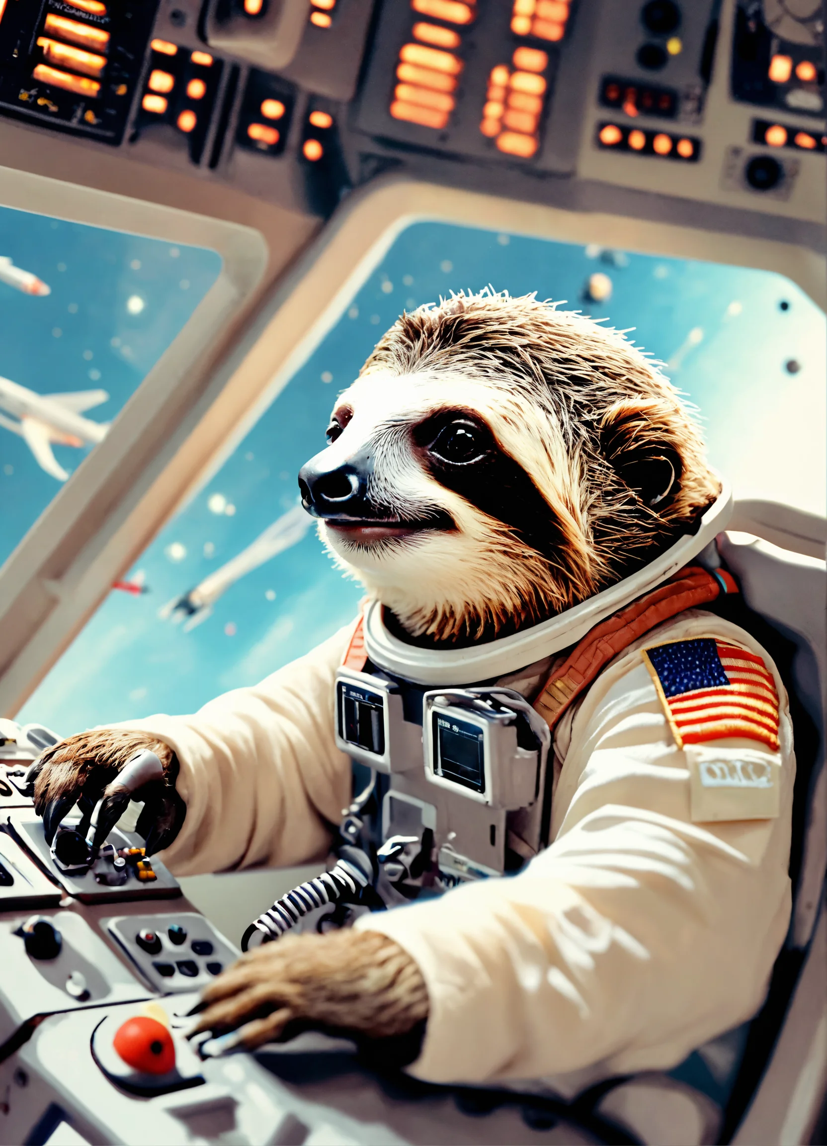 Lexica - A cute and tiny sloth captain inside the Space Shuttle's ...