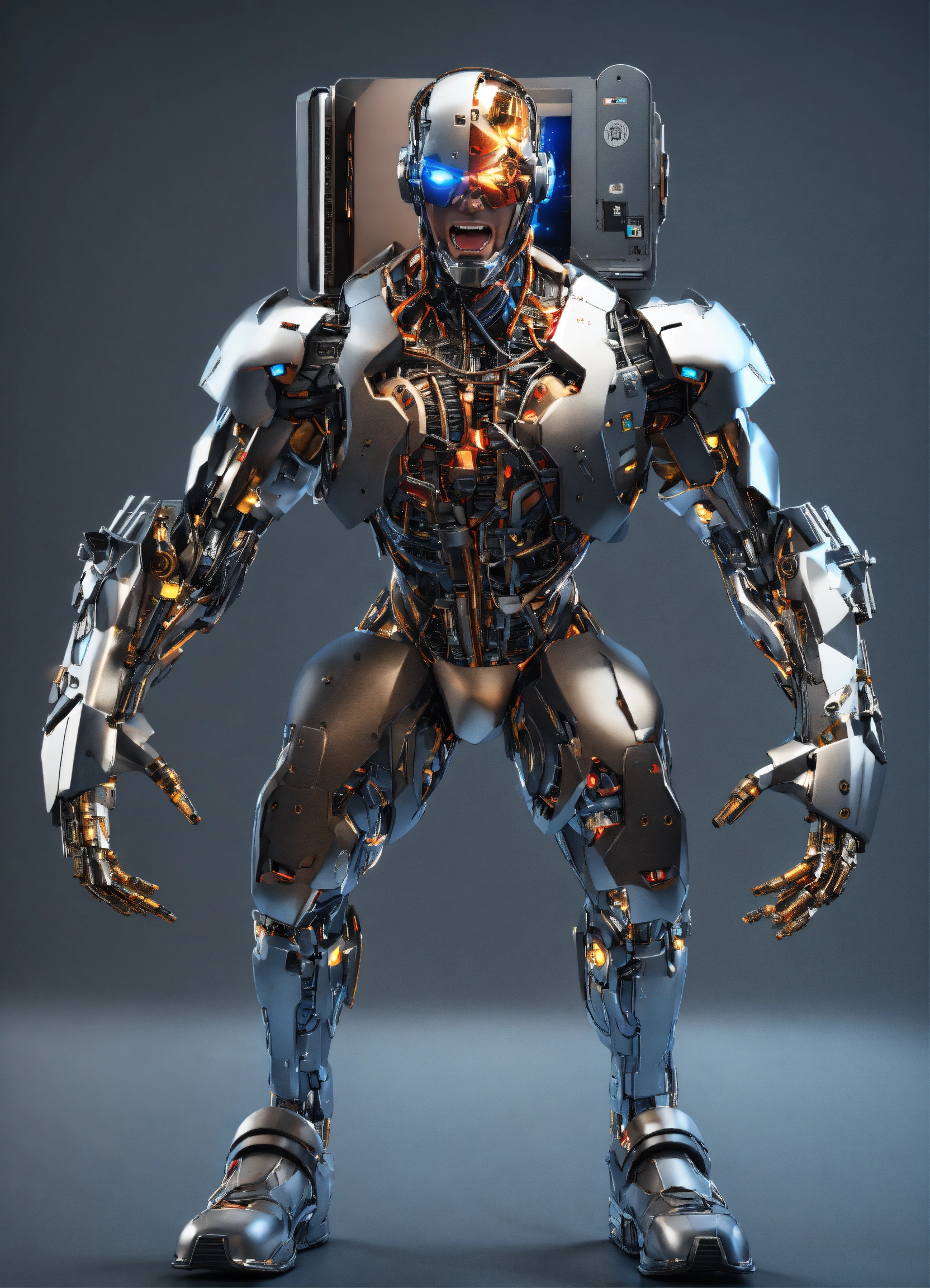 Lexica - Cyborg, 3d, full body, hold laptop, fun, screaming