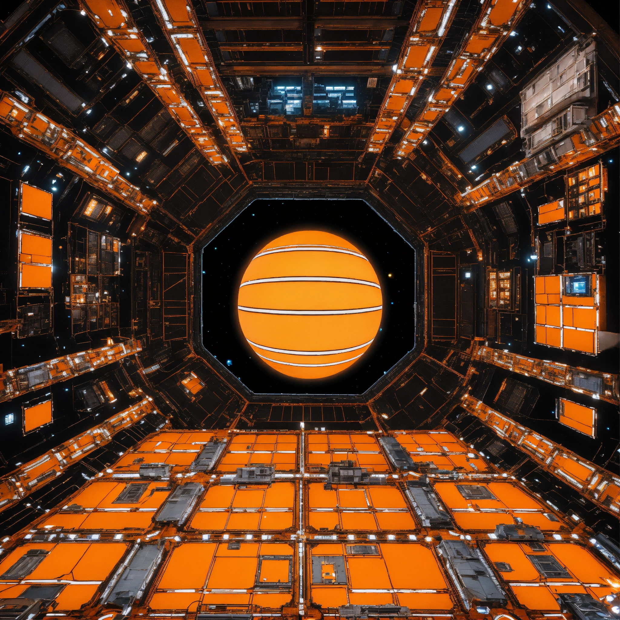 Lexica - Entire giant orange space station in dark space from top with ...