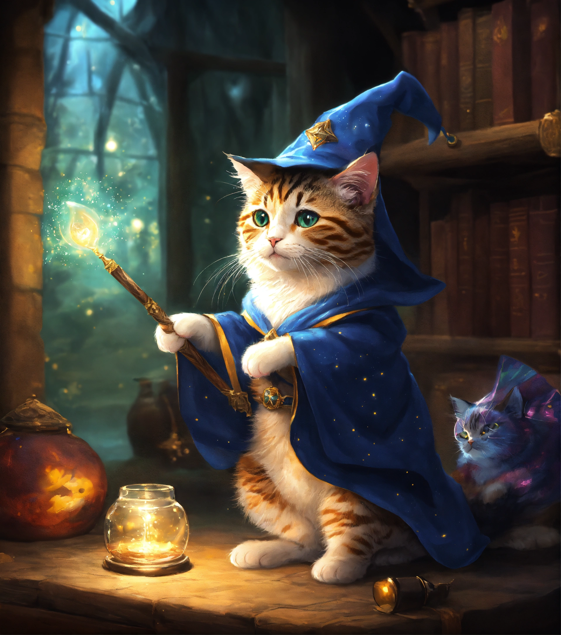 Lexica - Cat being turned by a little wizard cat by a wizard