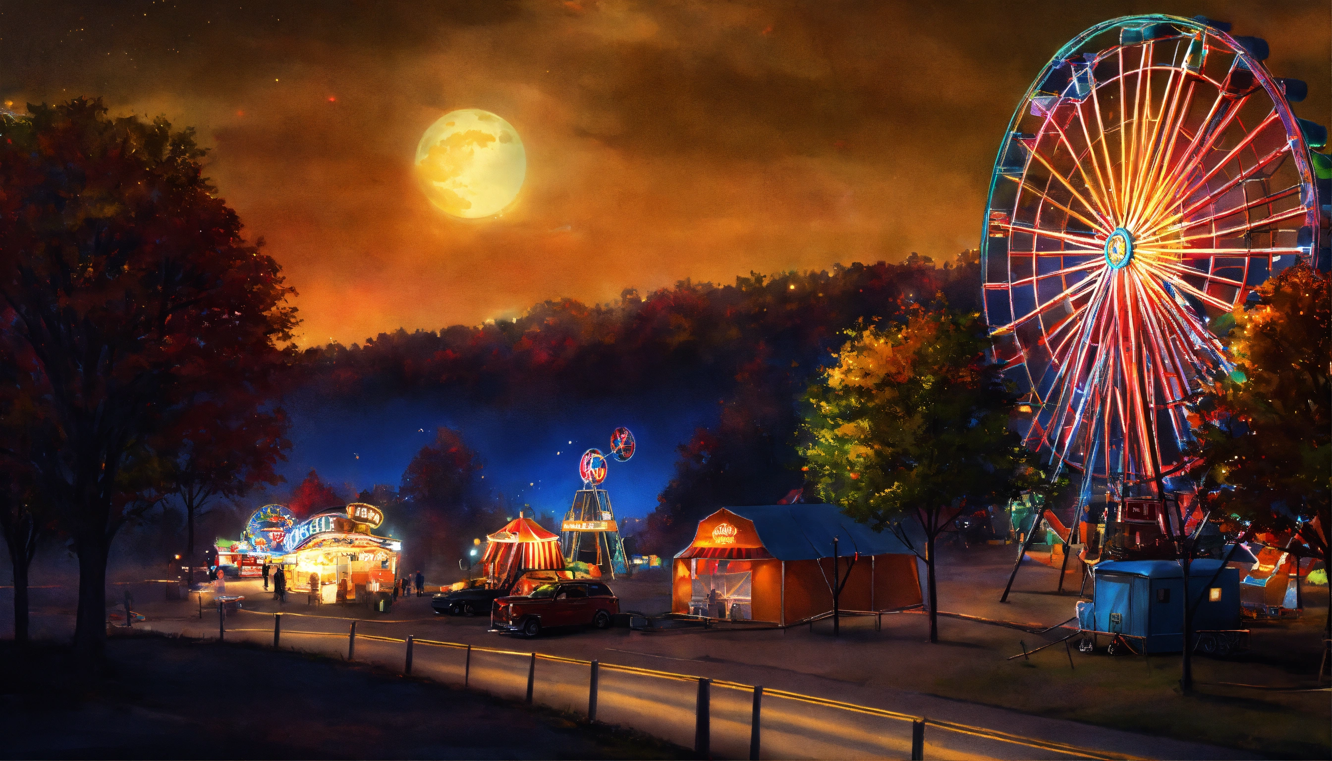 Lexica - Fall night carnival fun moonlight road trees ferriswheel realistic