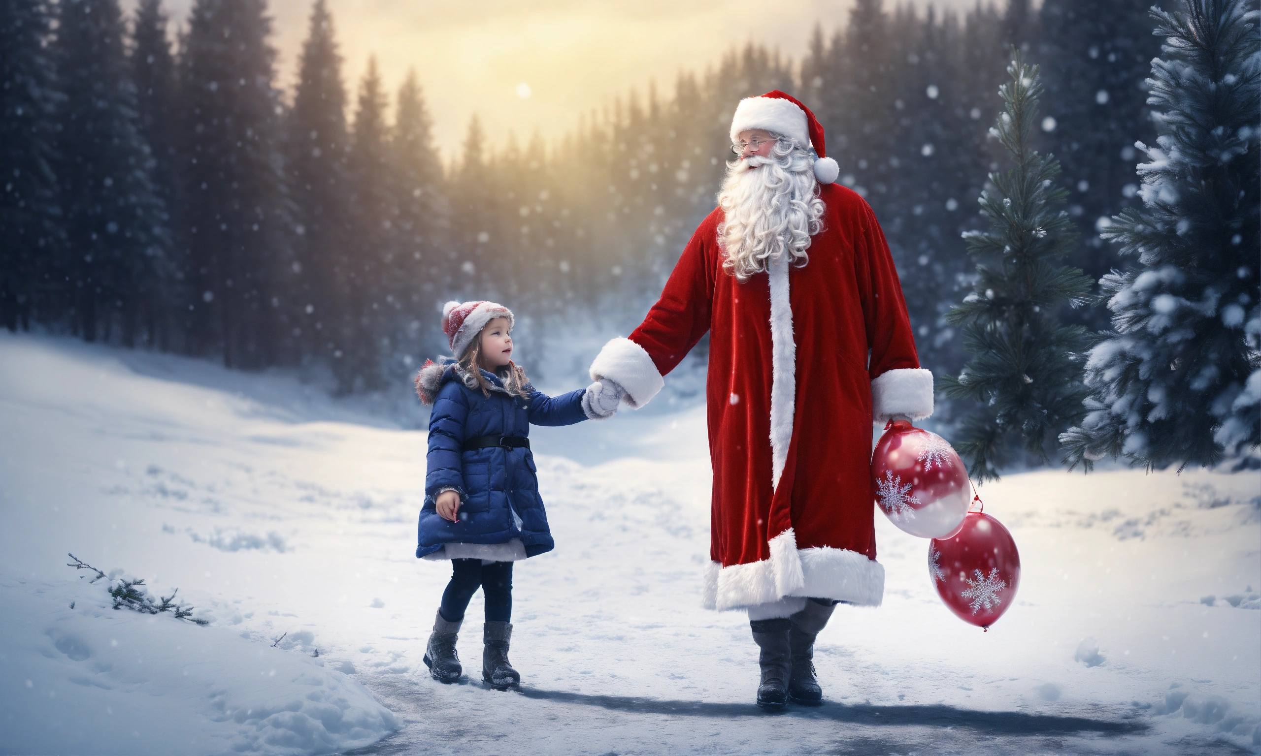 Lexica - A small girl holing a balloon holding hand with Santa Claus ...