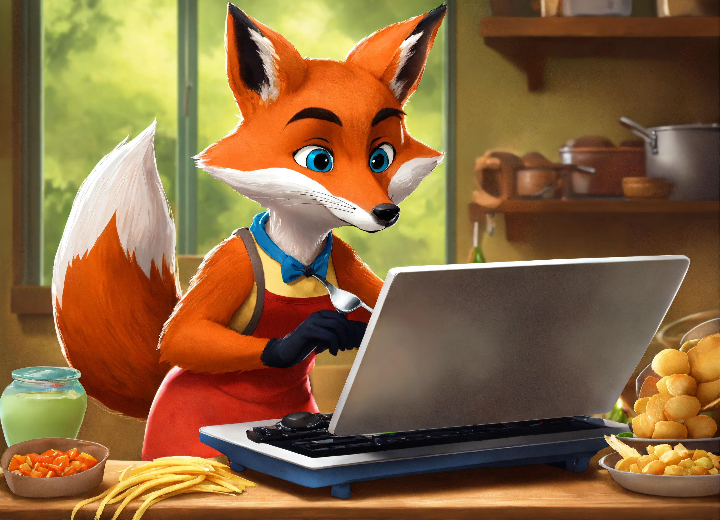 Lexica - Multitasking fox using a computer and cooking, disney style