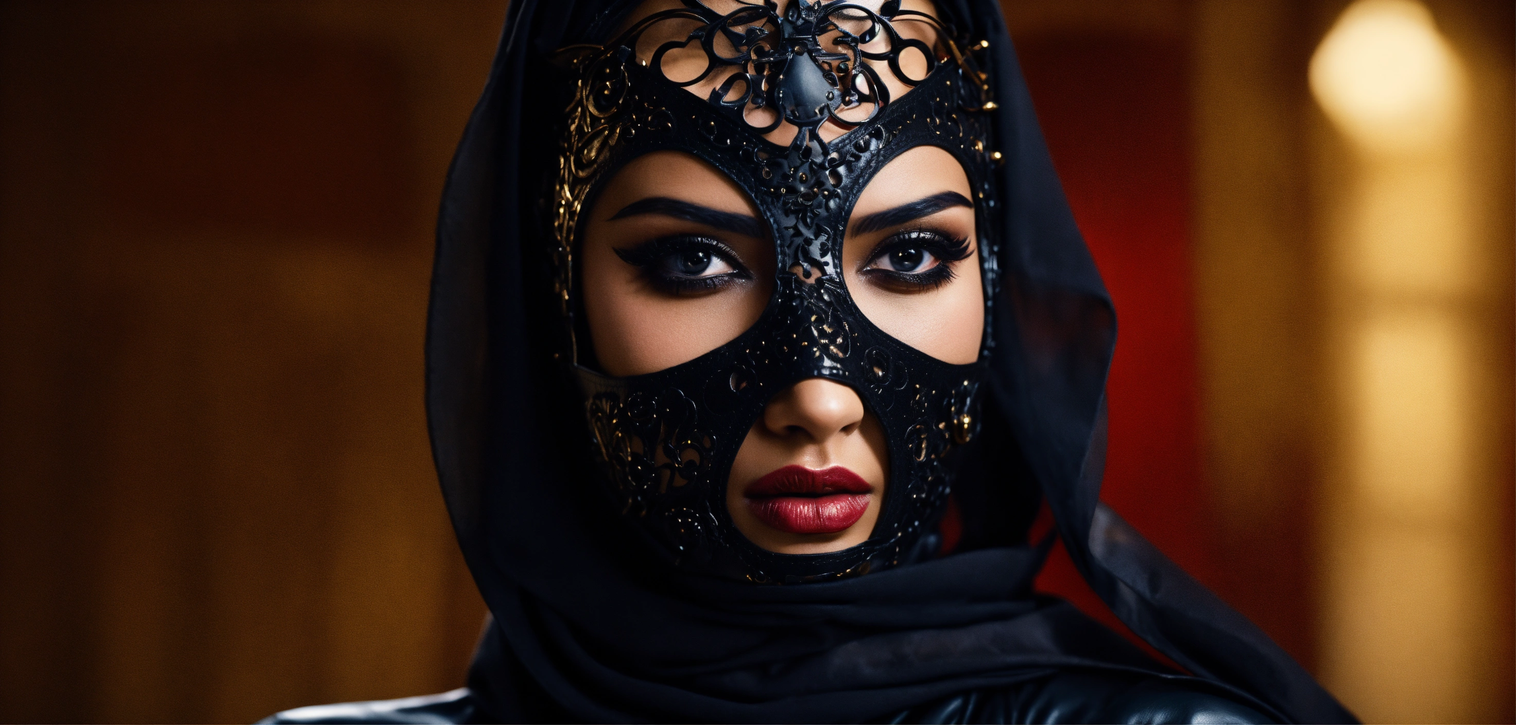 Lexica - Cinematic look, stunning arab seductress women fashion model,  leather gimp mask,