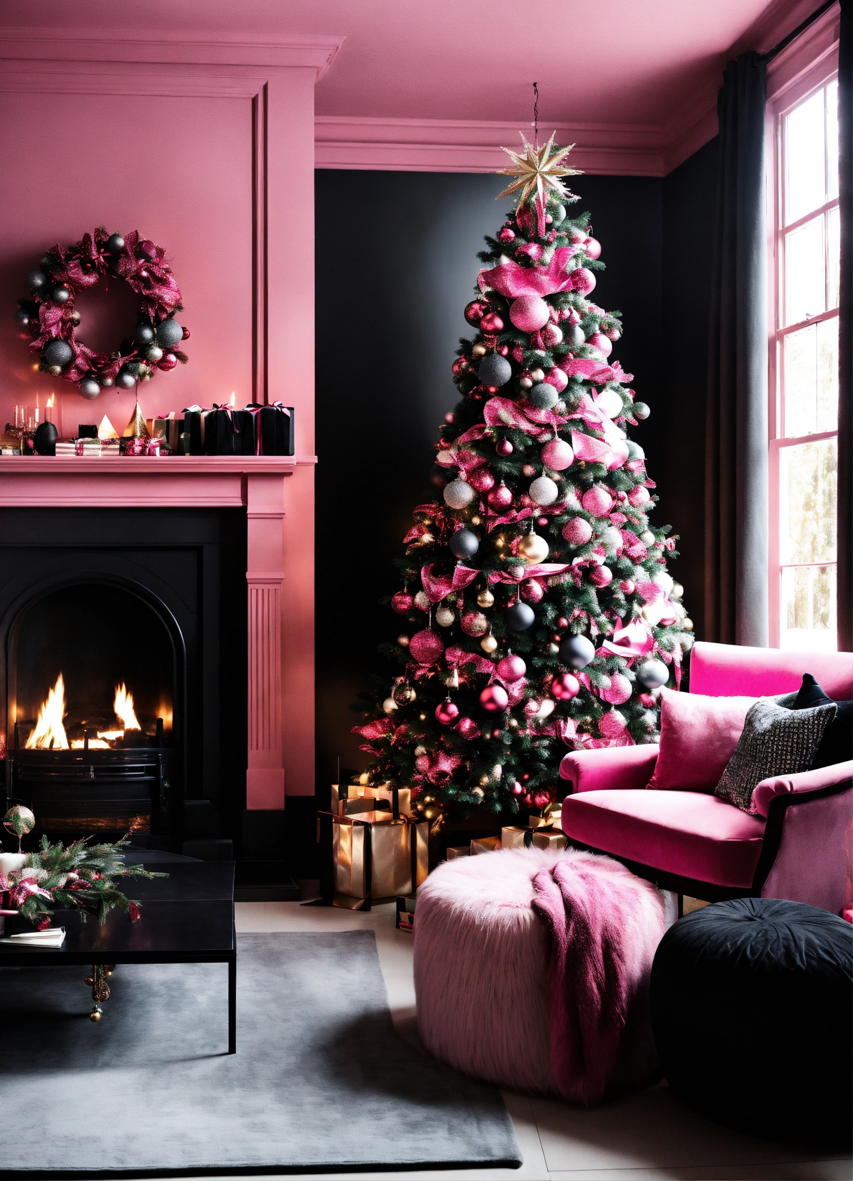Lexica - Black and pink Christmas interior design, black everything ...