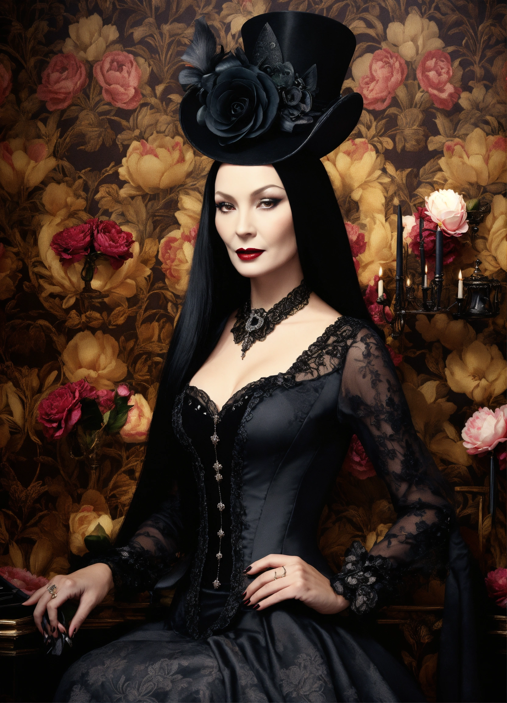 Lexica - Elaborate Gothic Morticia Addams queen of spades, 40 years old ...