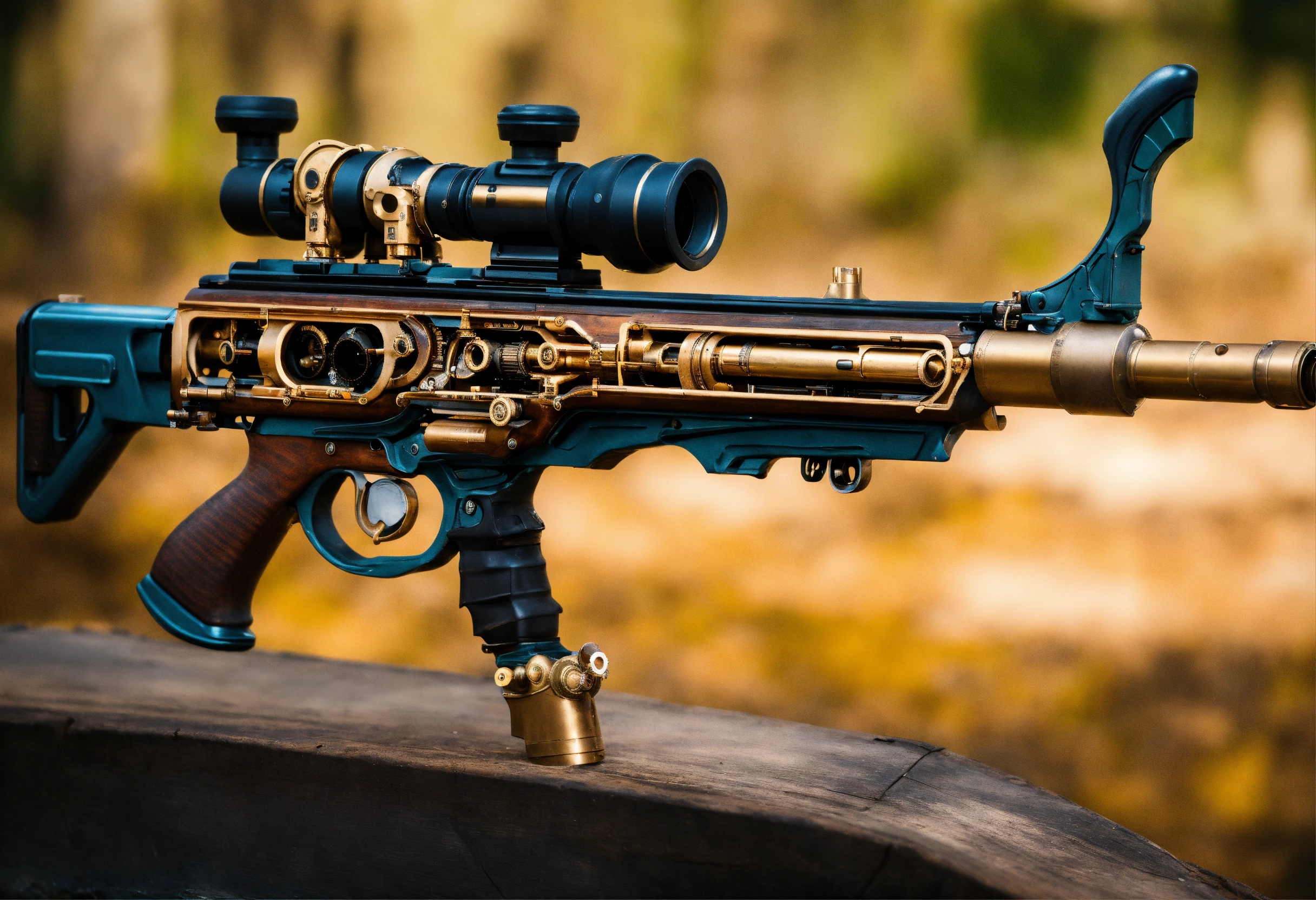 Lexica - Side view of the full image of a steampunk energy rifle