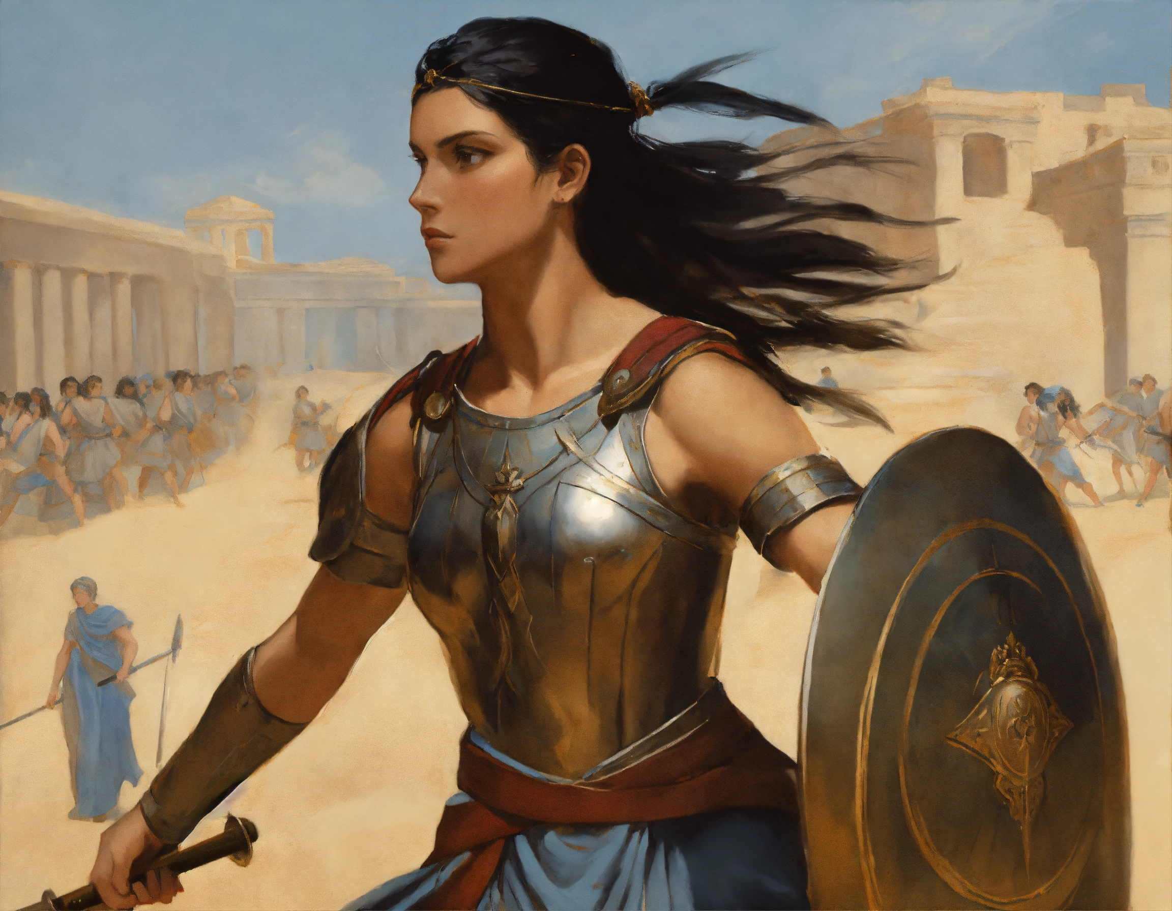 Lexica - Thin ancient Greek warrior woman in battle with tan skin and ...