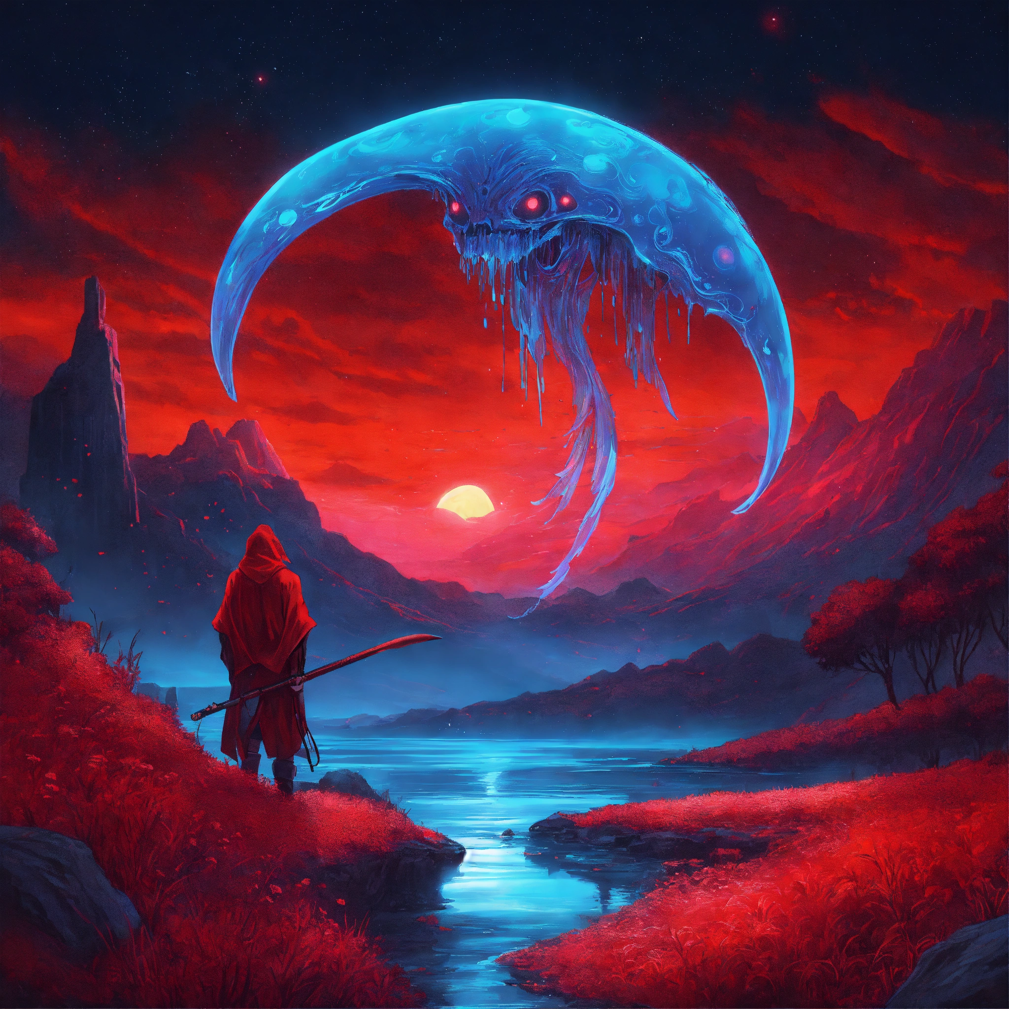 Lexica - Optical illusion bioluminescent transparent giant reaper red ...