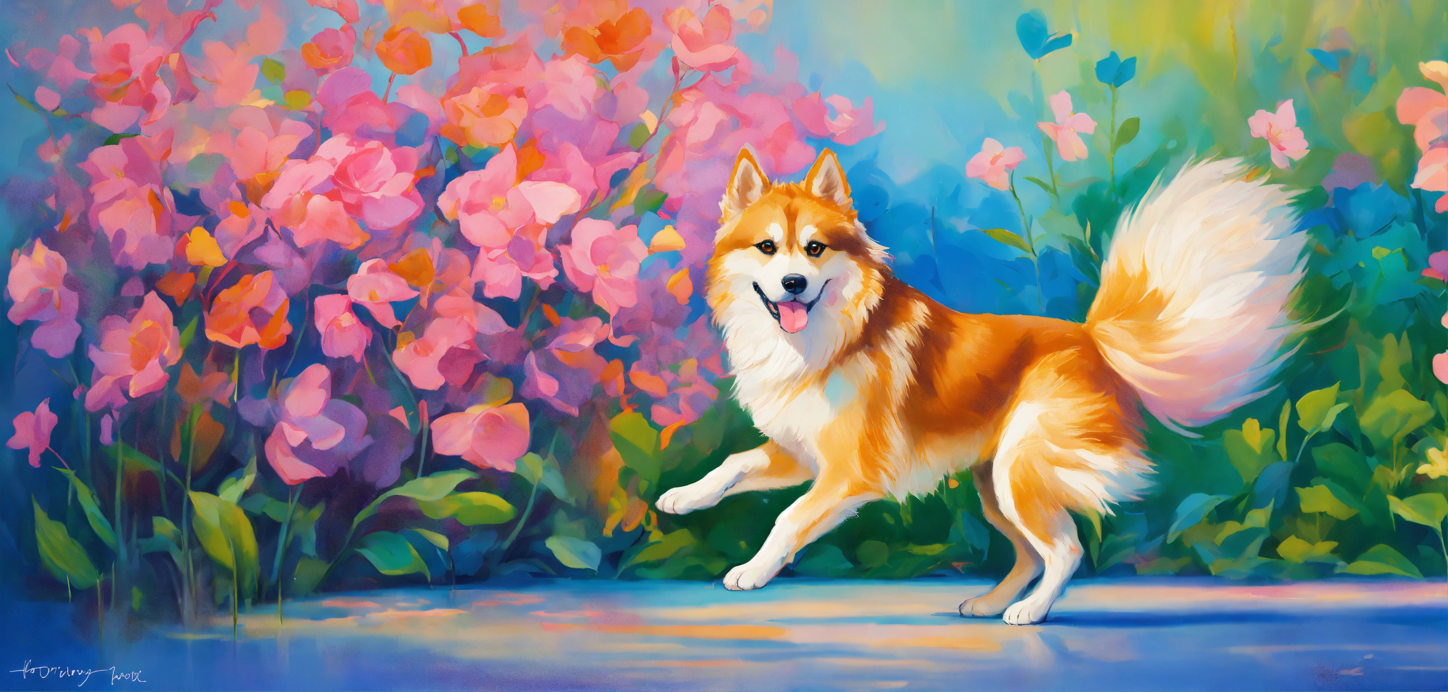 Lexica - In this vibrant painting, a graceful Pomsky is captured in ...