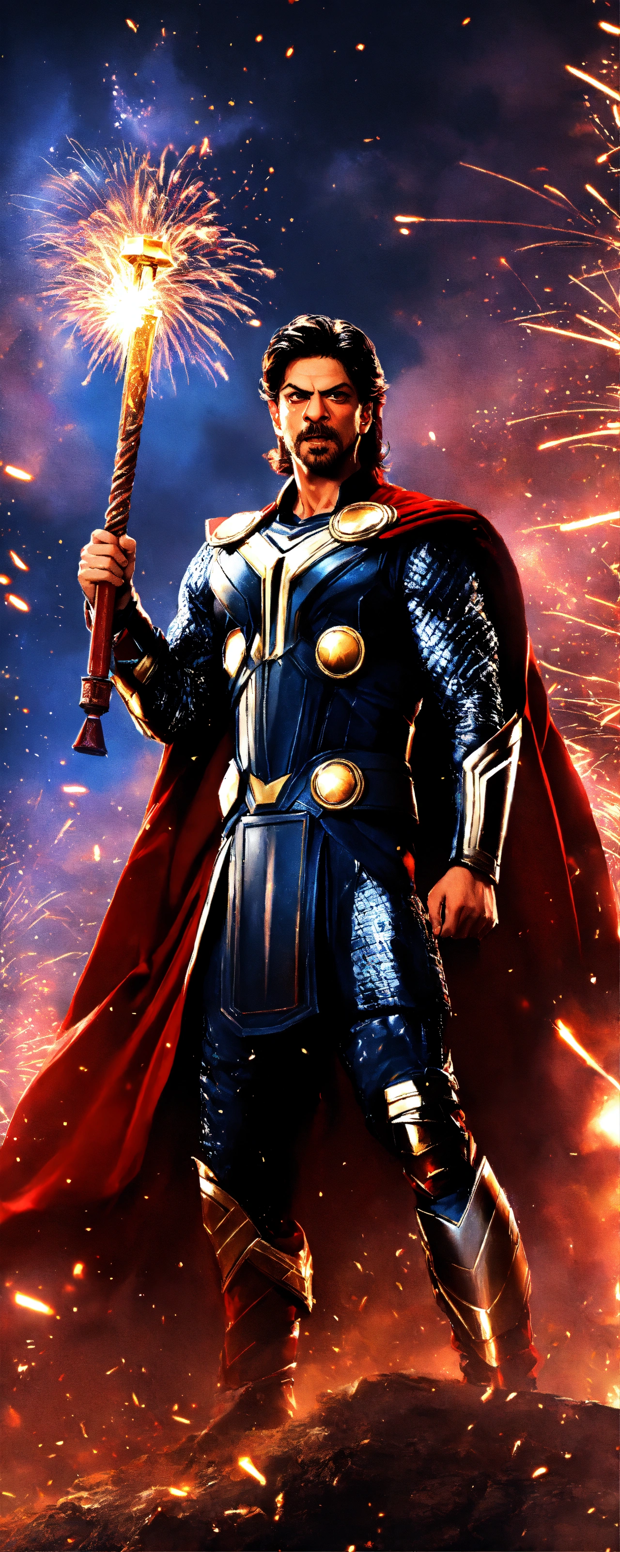 Lexica - Shahrukh khan as thor , fireworks background, Mjolnir in hand
