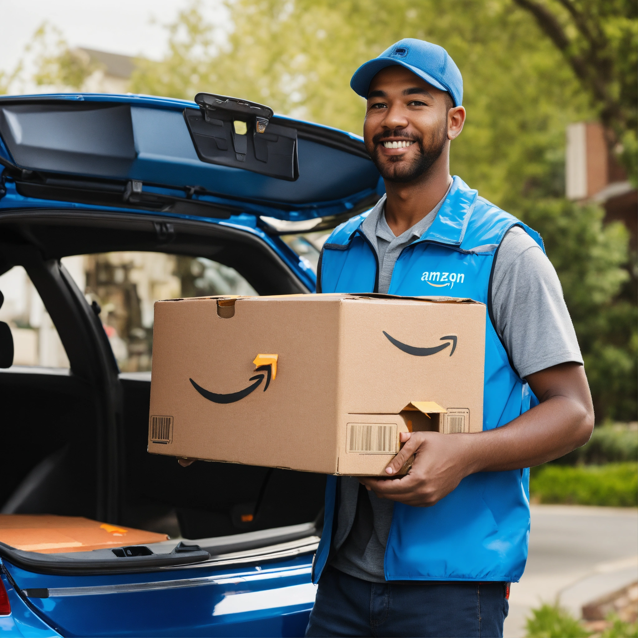 Lexica - Delivery driver wearing amazon prime blue vest holding ...