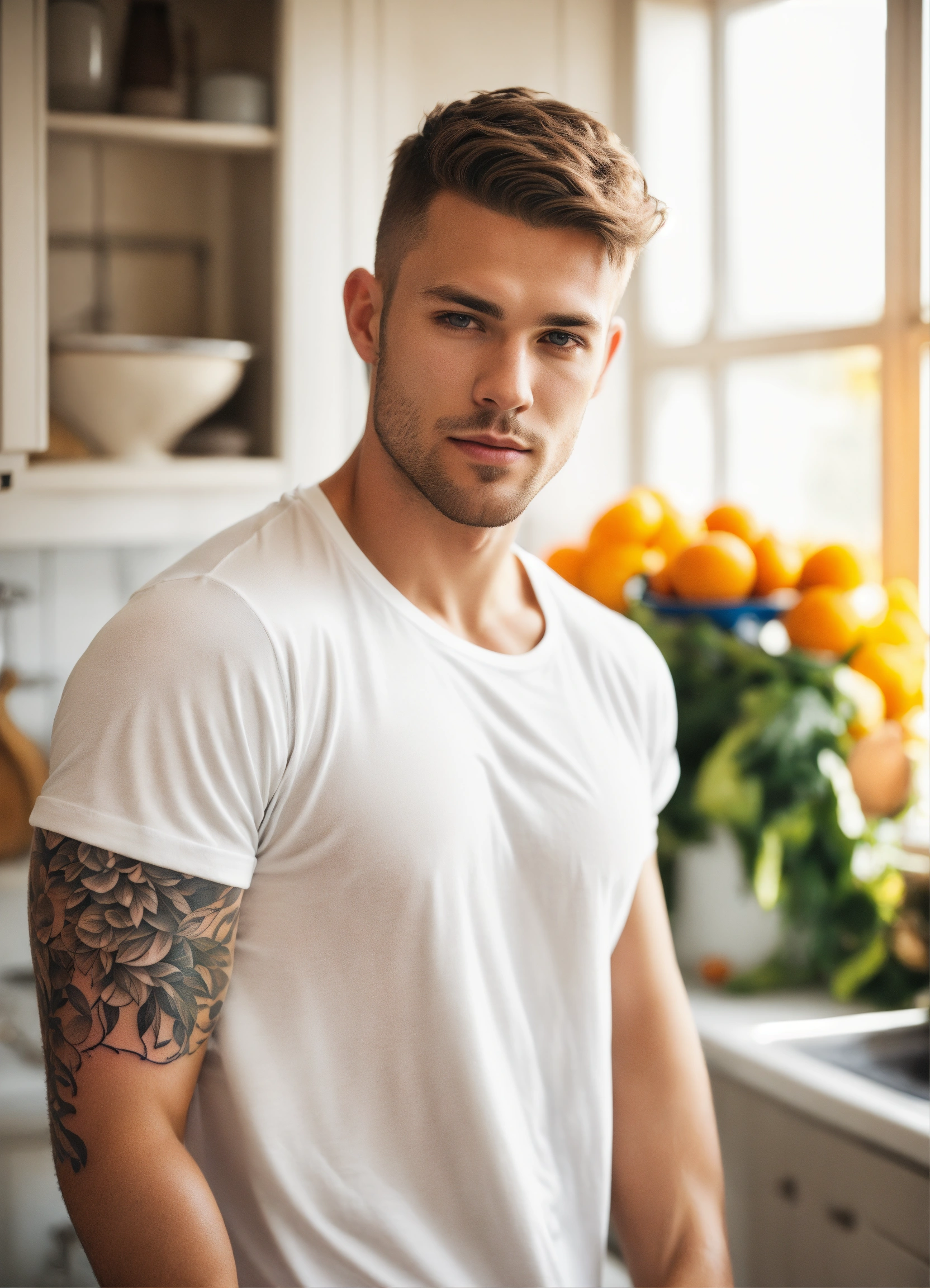 Lexica - Handsome man with dark blond hair and grey eyes light skin in a  white T-shirt, a bright full-arm tattoo in the kitchen