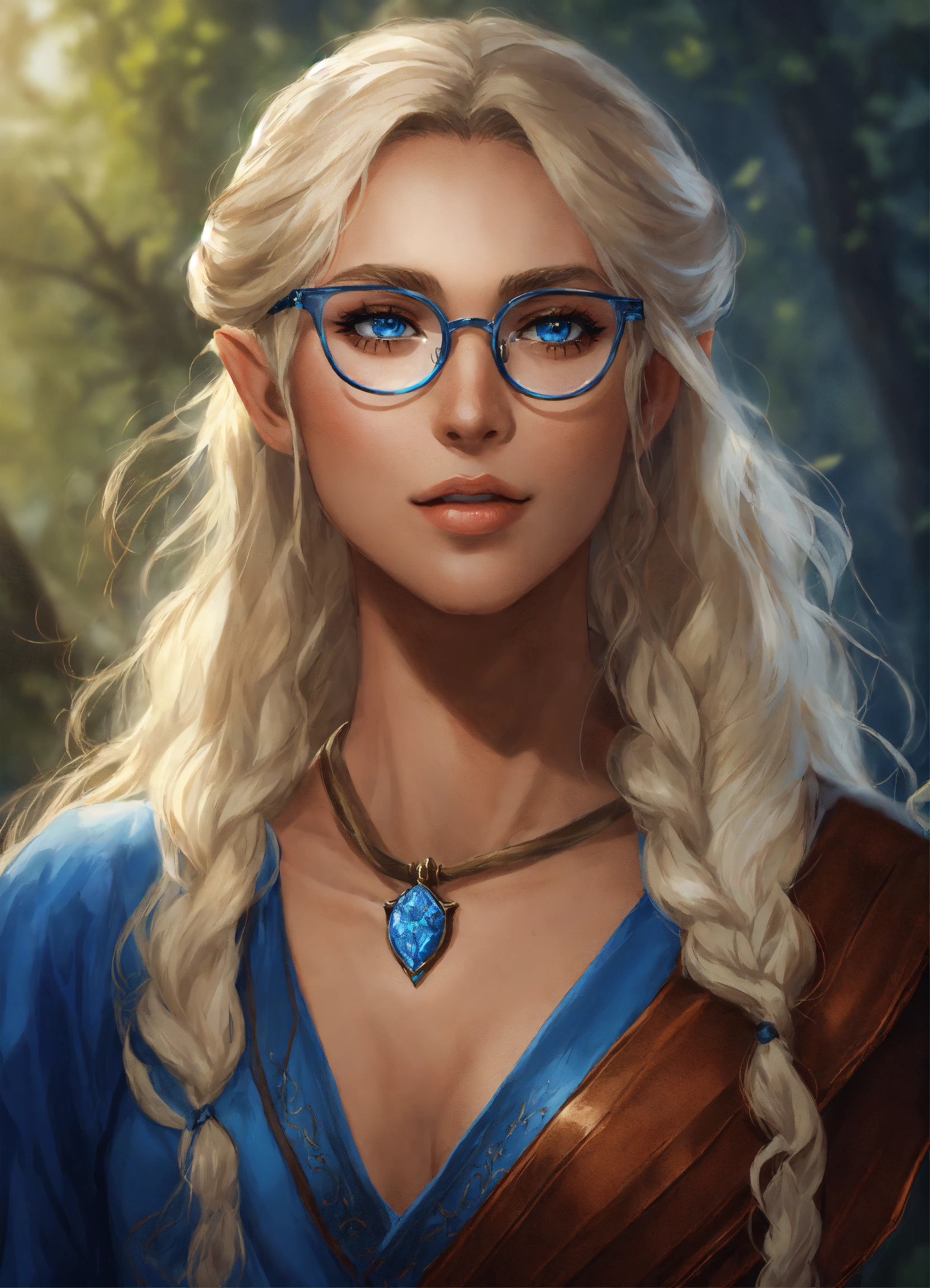Lexica - A Female half elf with very tanned skin, wearing glasses with ...
