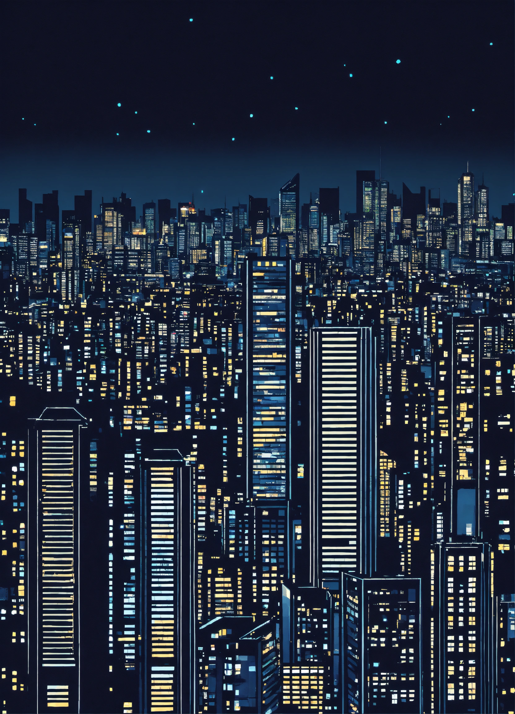 Lexica - Metropolis with tall buildings with night lighting, vector