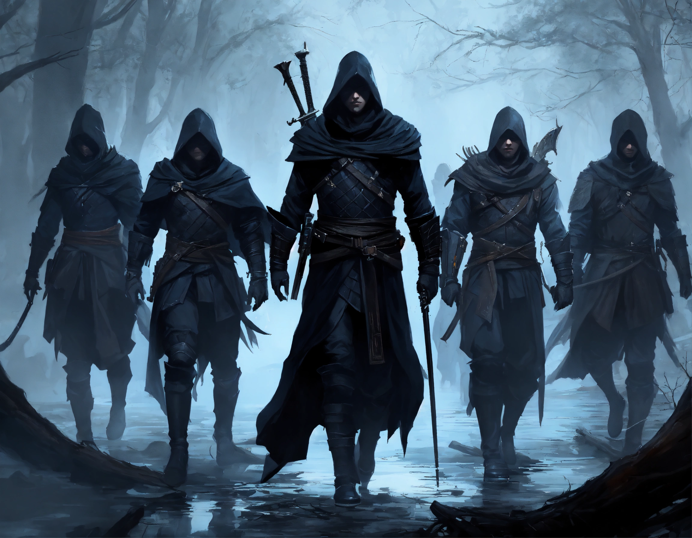 Lexica - Dark fantasy Painting, group of an male assassins in attack ...
