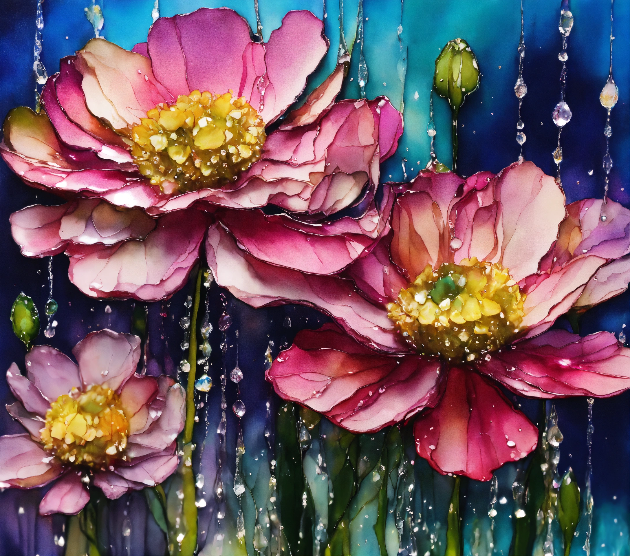 Lexica - Alcohol ink, void flowers with crystal rain drops