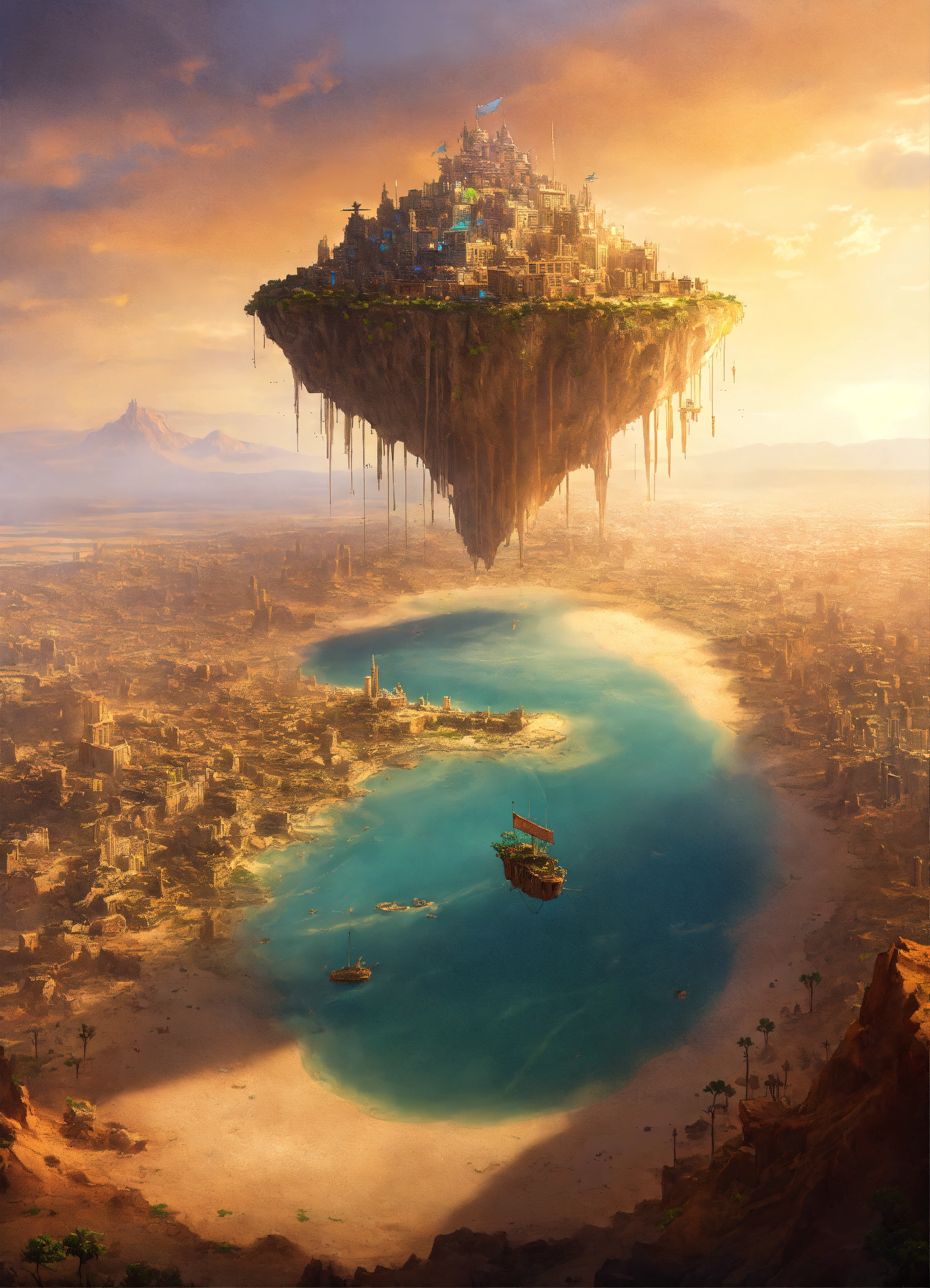 Lexica - A flying island with a city on top in the middle of the desert ...