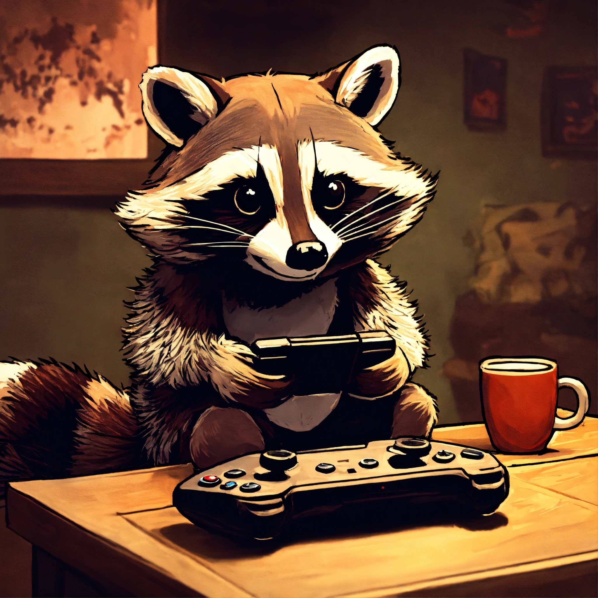 Lexica - A cute Raccoon playing video games