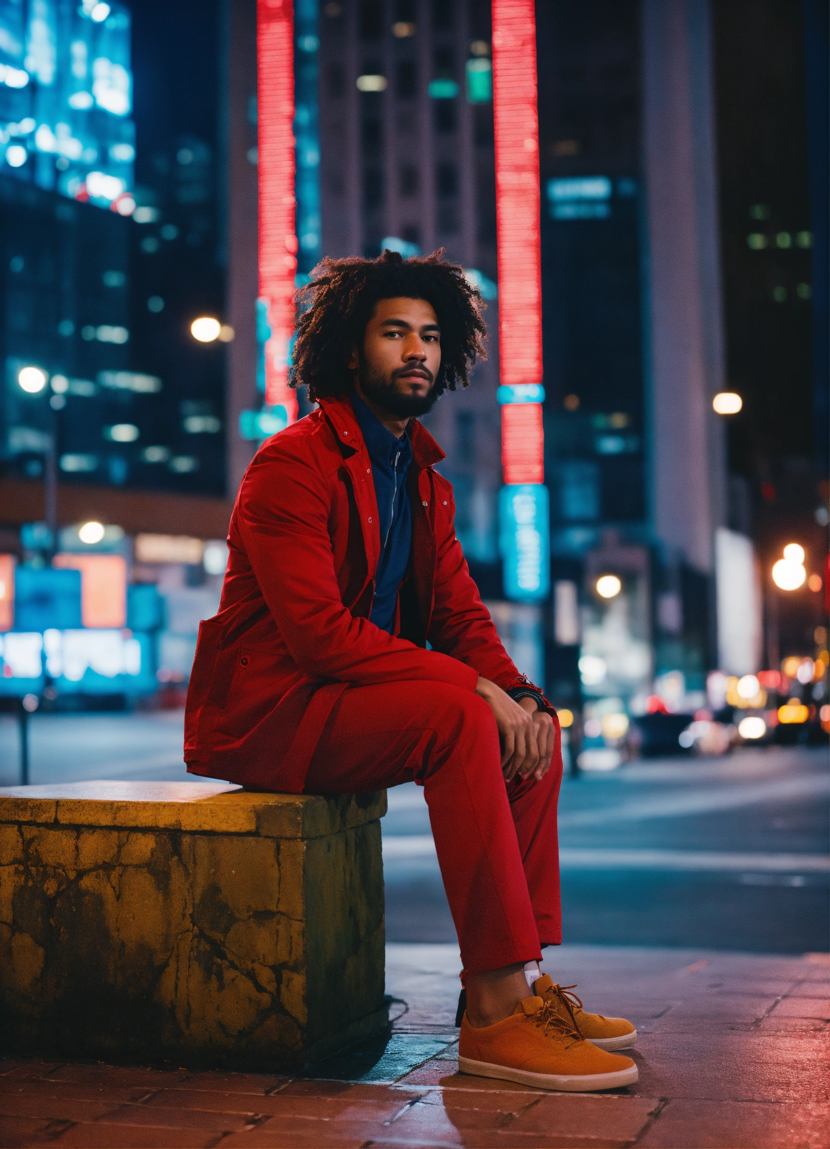 Lexica - Portrait photo of a man in a red jacket sitting in a city at ...