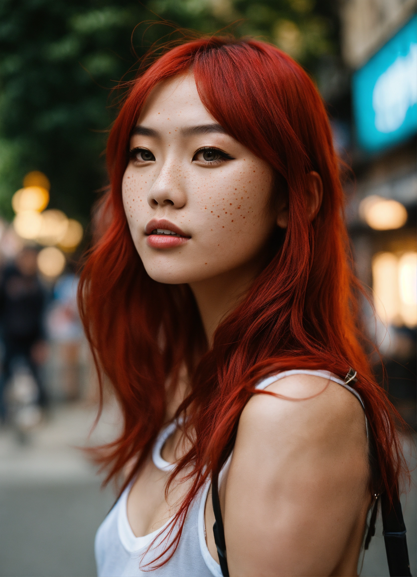 Lexica - Supermodel, asian, bright red hair, freckles, Street photography