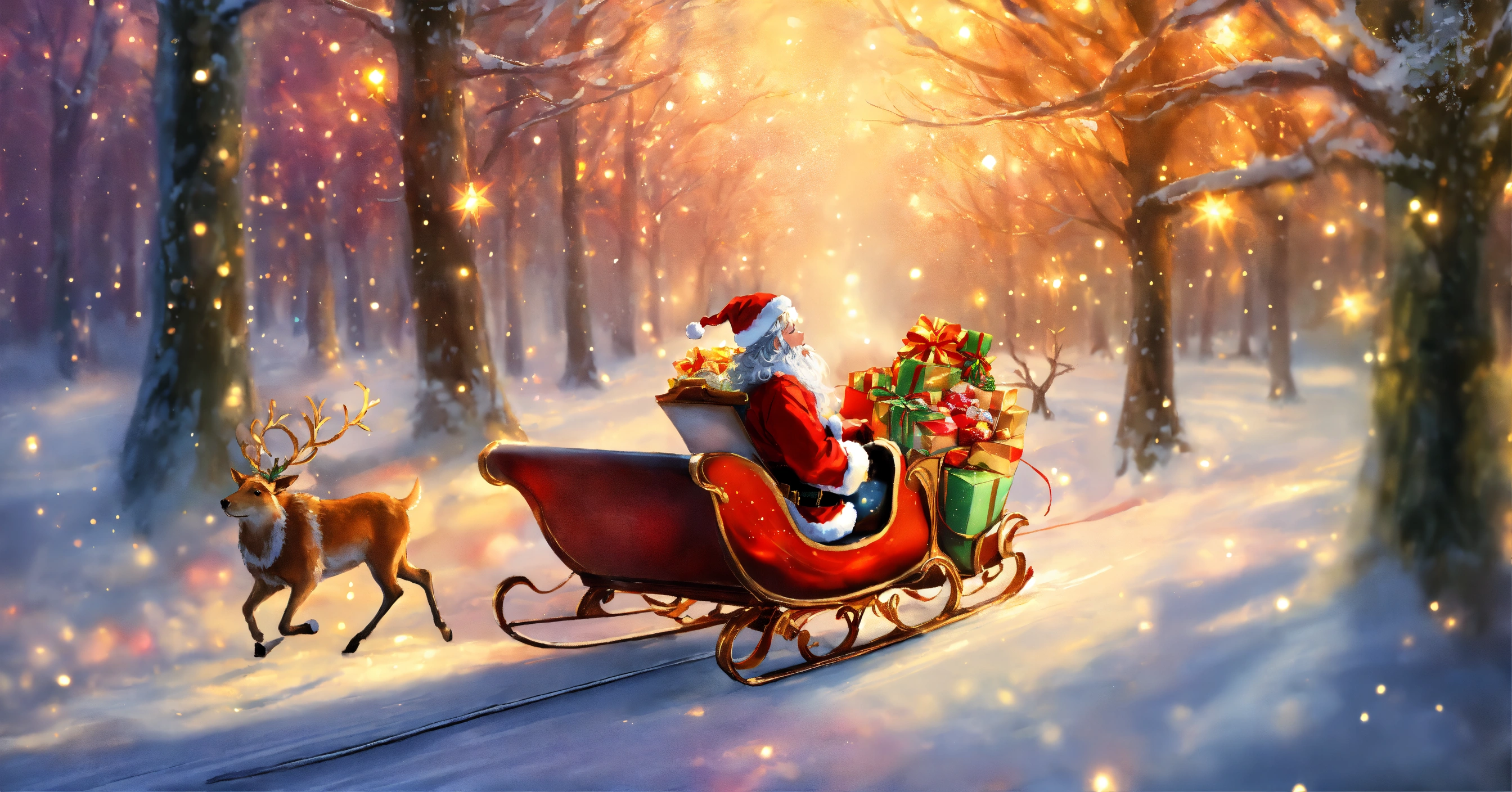 Lexica - Santa Claus giving kiss, sleigh, in Impressionism New Year's ...