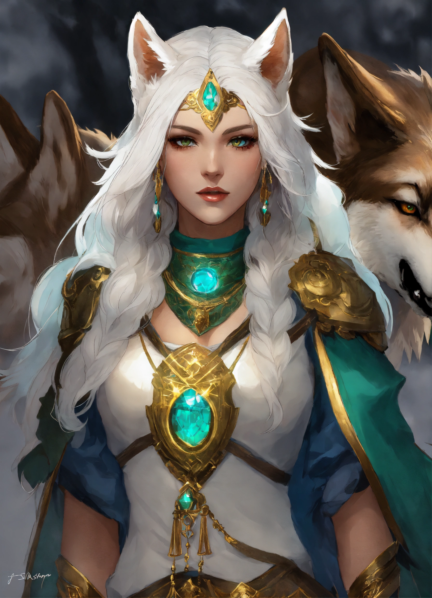 Lexica - Aasimar, female, Druid, gold eyes, white hair, blue-green skin ...