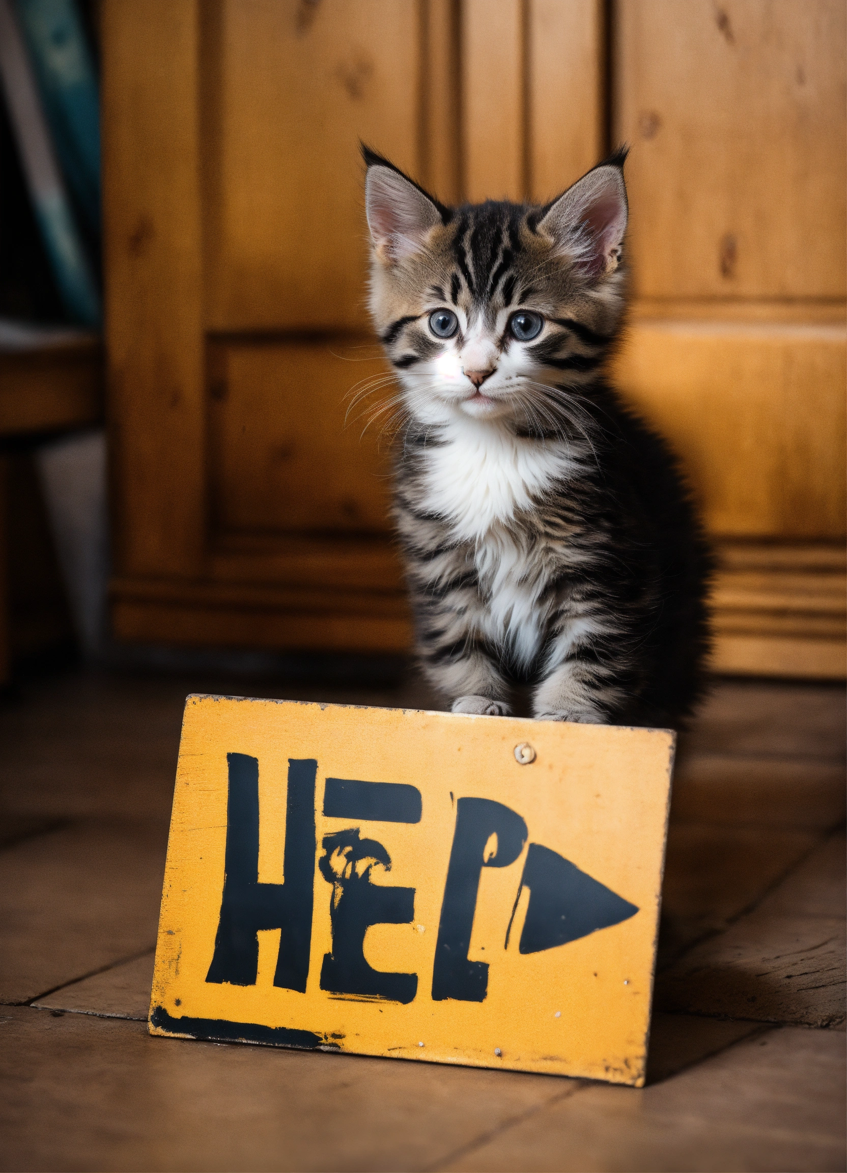 Lexica - A kitten in danger with a sign that says HELP.
